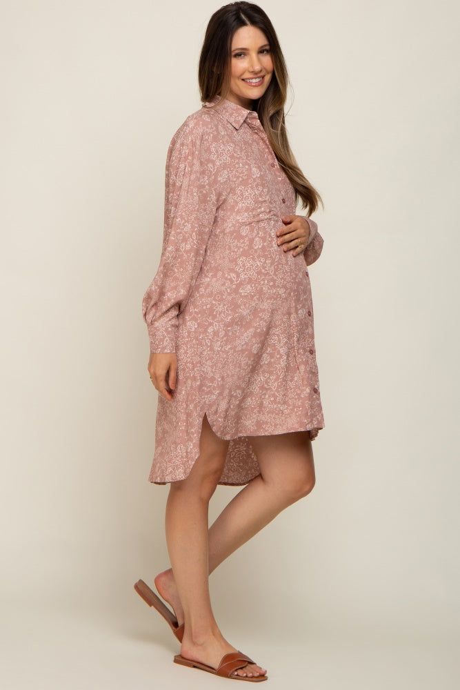 Mauve Floral Button Up Long Sleeve Maternity Dress sold by Pinkblush product image thumbnail 2