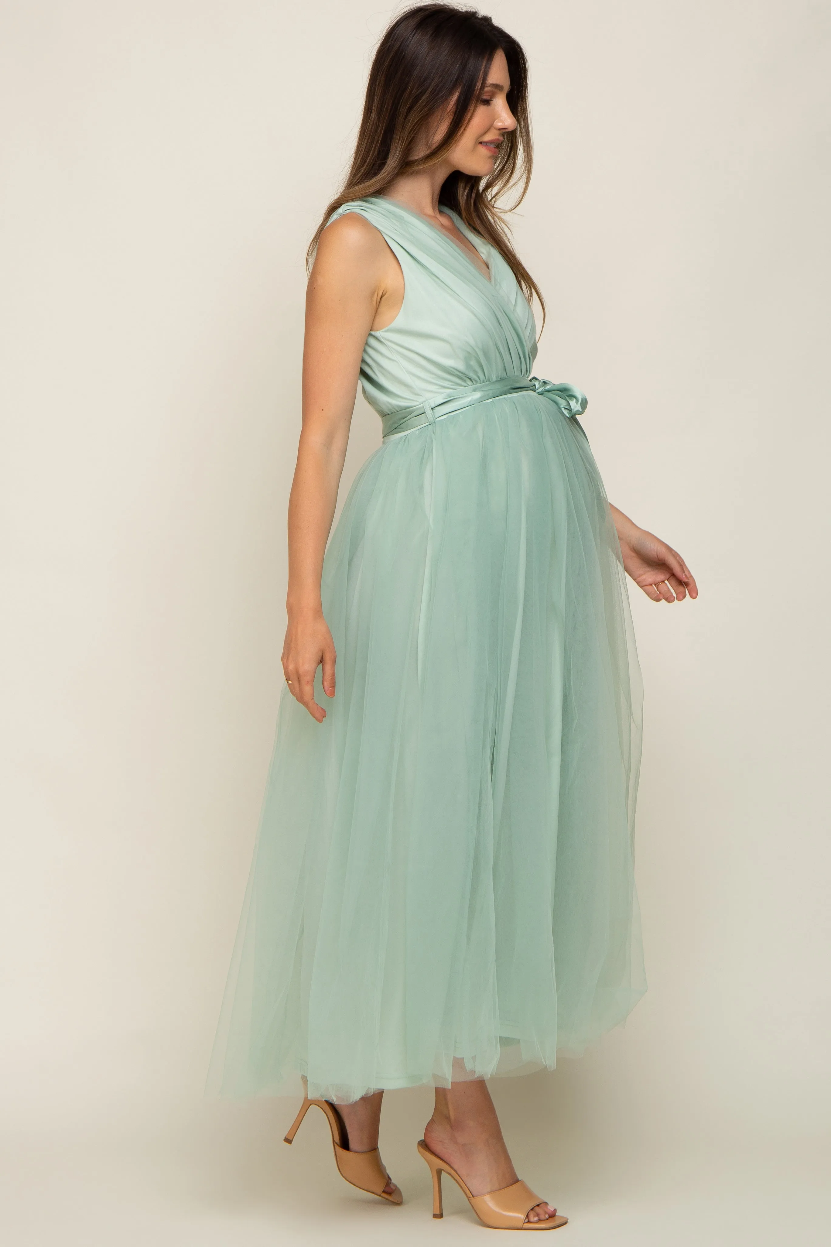 Mint Green Wrap V-Neck Waist Tie Tulle Maternity Midi Dress sold by Pinkblush product image thumbnail 3