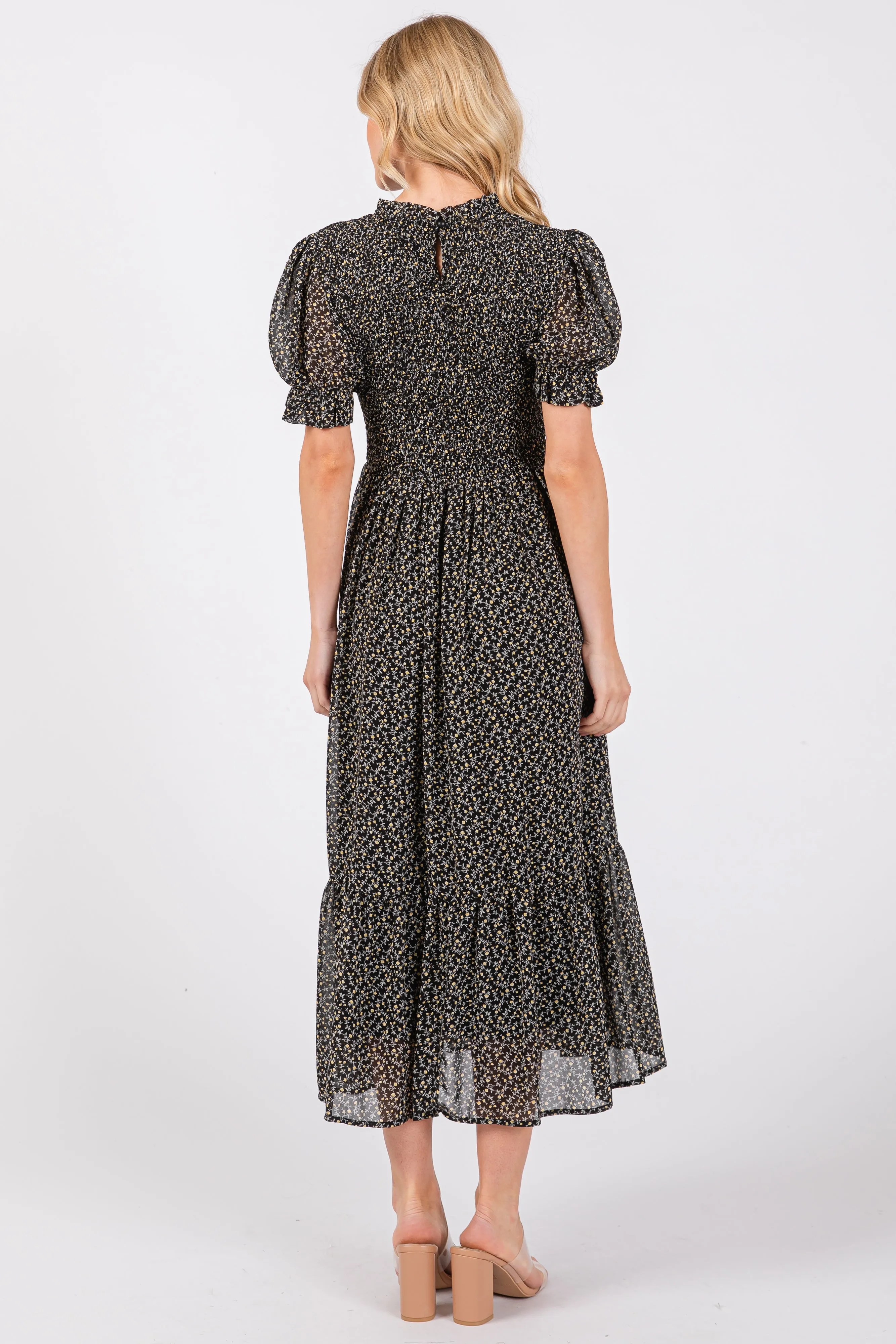 Black Printed Smocked Midi Dress sold by Pinkblush product image thumbnail 3