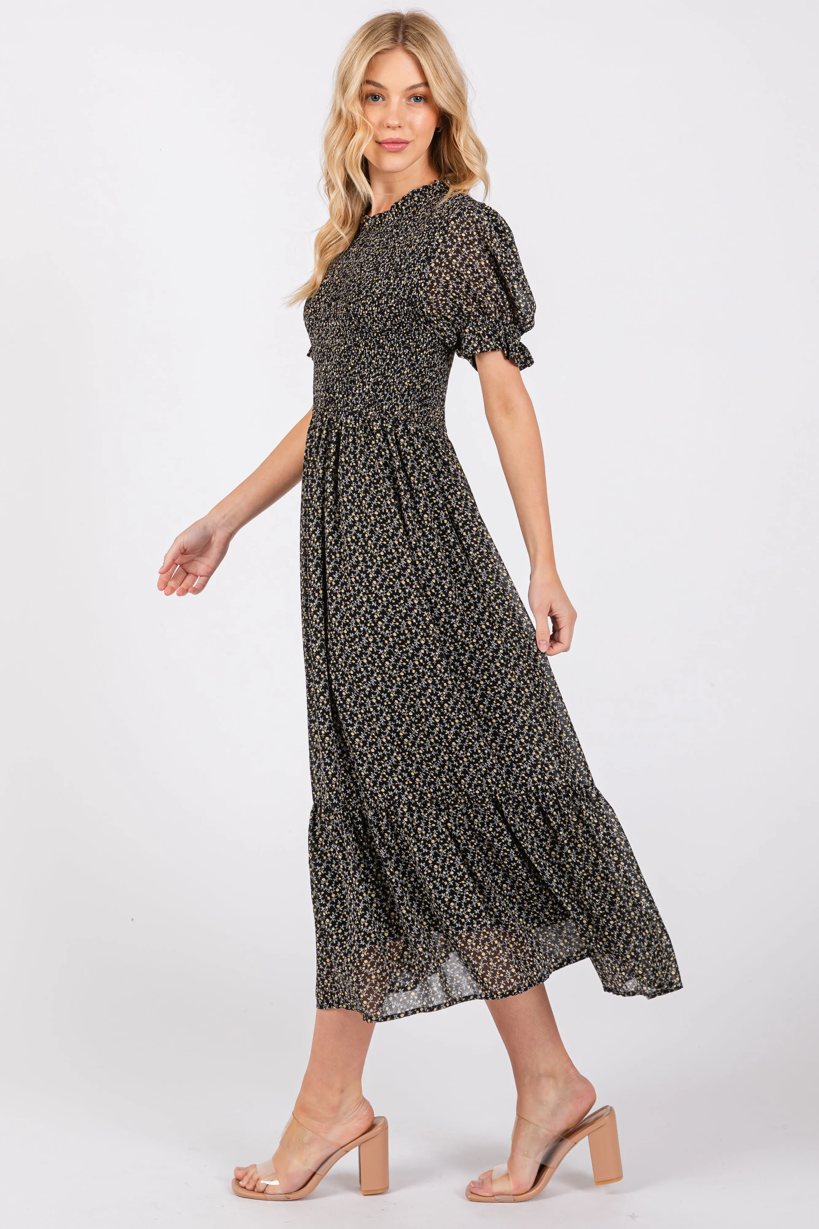 Black Printed Smocked Midi Dress sold by Pinkblush product image thumbnail 2