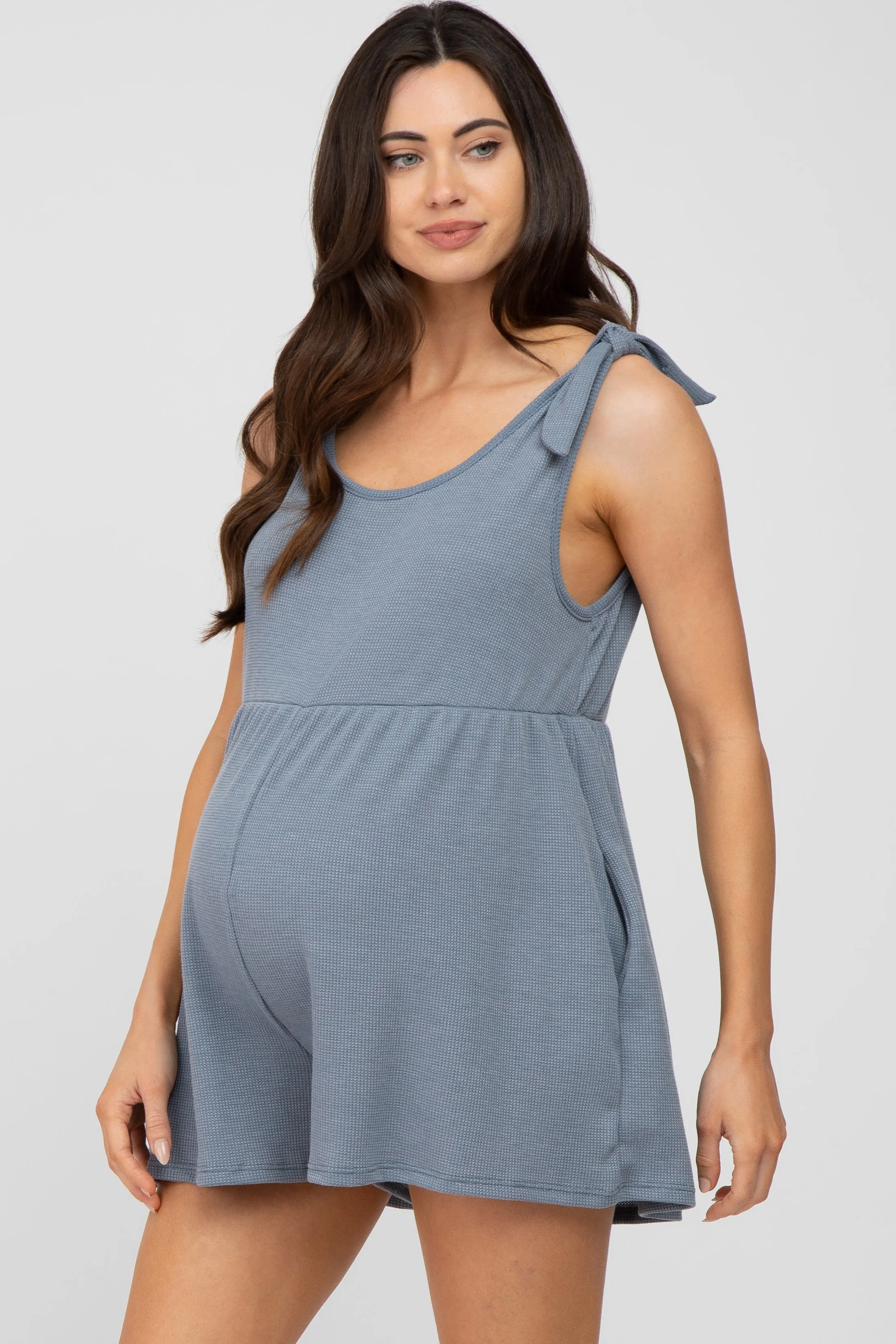 Blue Waffle Knit Shoulder Tie Maternity Romper sold by Pinkblush product image thumbnail 3