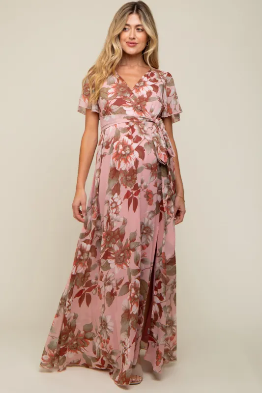 Mauve Floral V-Neck Side Slit Maternity Dress sold by Pinkblush