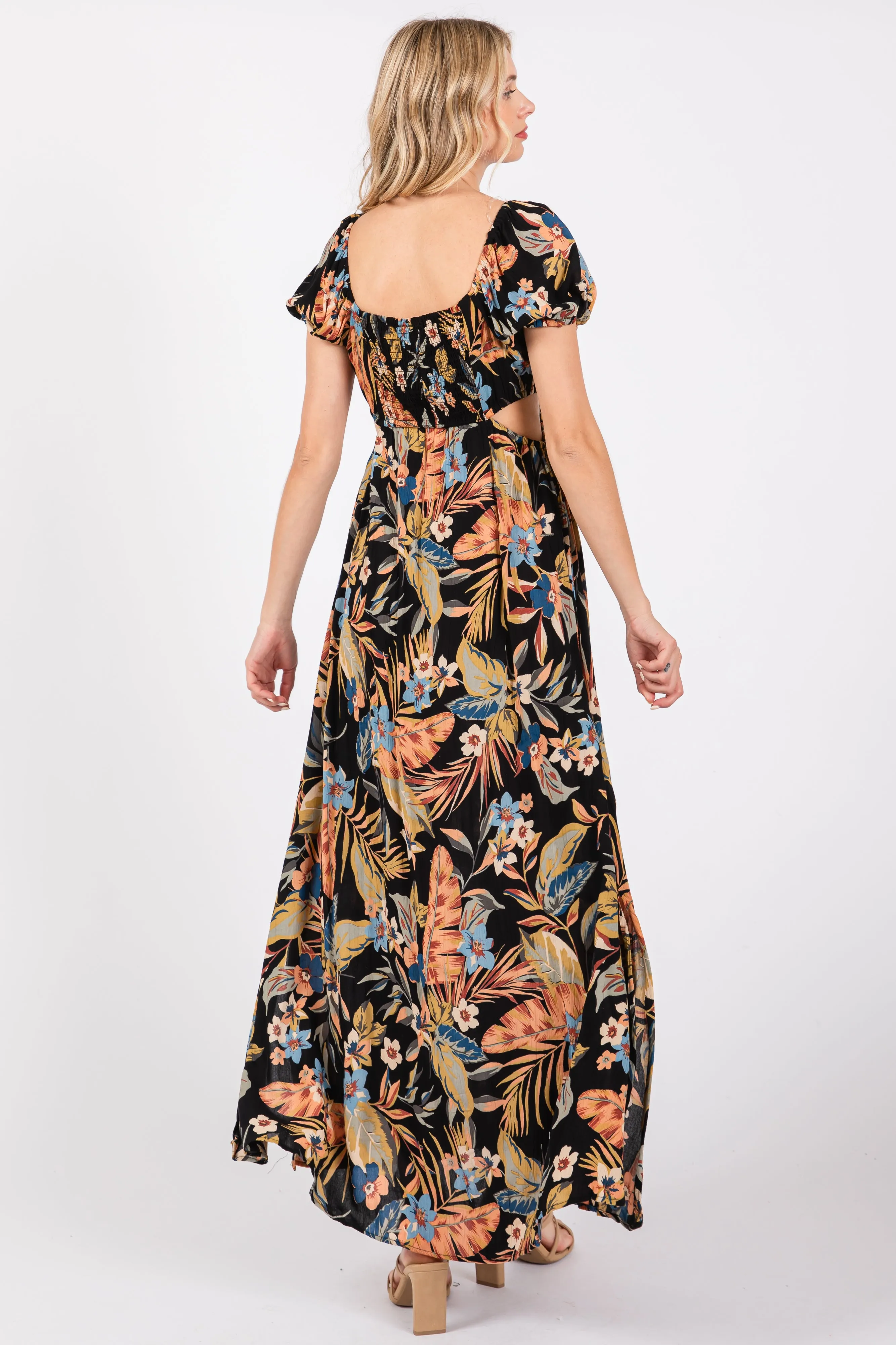 Black Floral Drawstring Front Side Cutout Maxi Dress sold by Pinkblush product image thumbnail 3