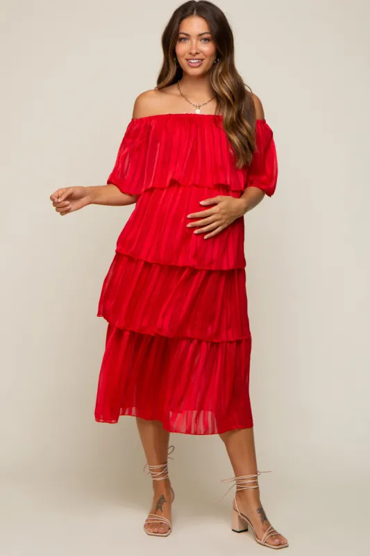 Red Striped Layered Maternity Midi Dress sold by Pinkblush