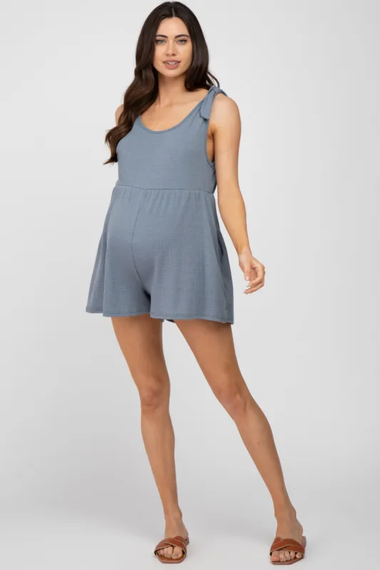 Blue Waffle Knit Shoulder Tie Maternity Romper sold by Pinkblush