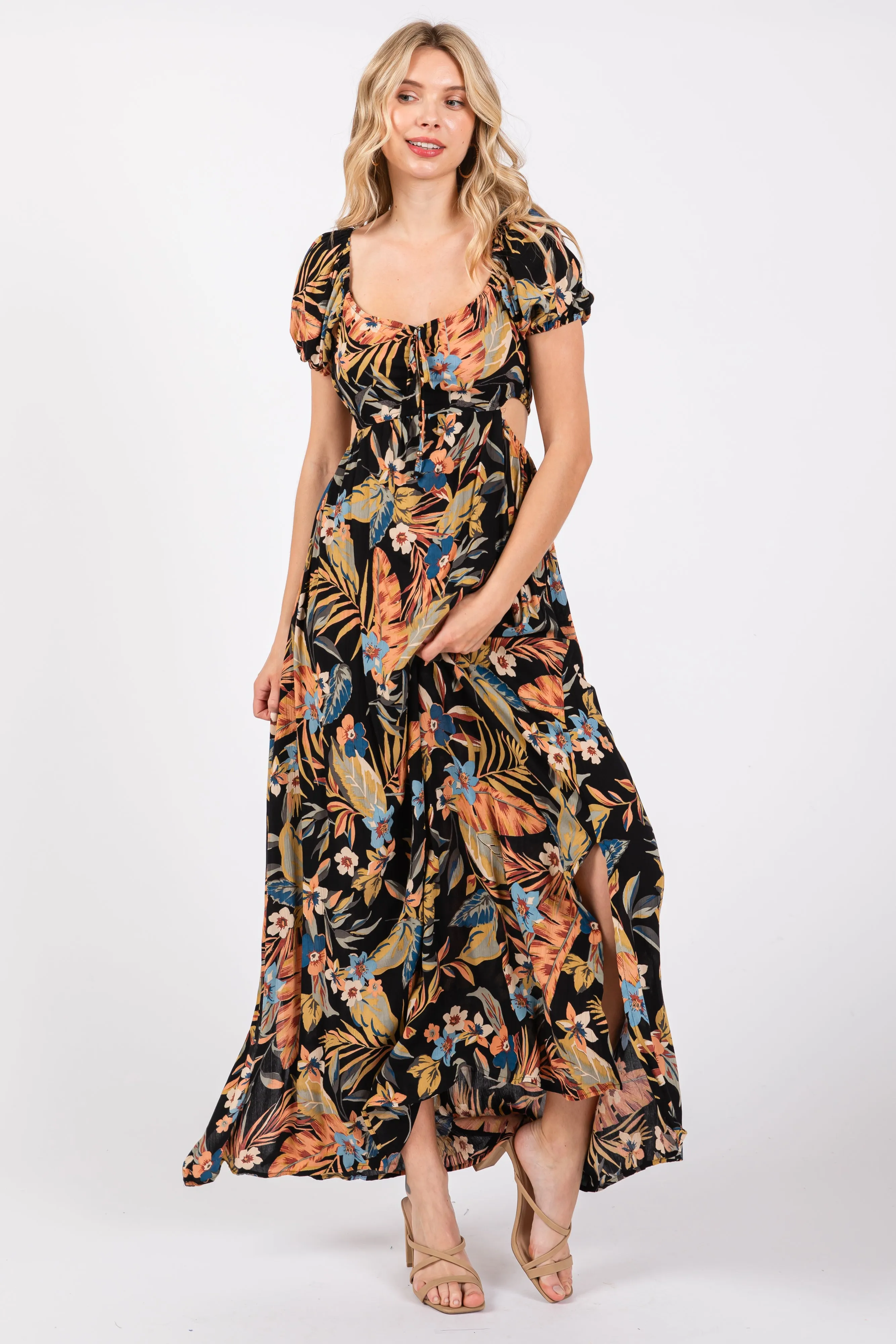 Black Floral Drawstring Front Side Cutout Maxi Dress sold by Pinkblush