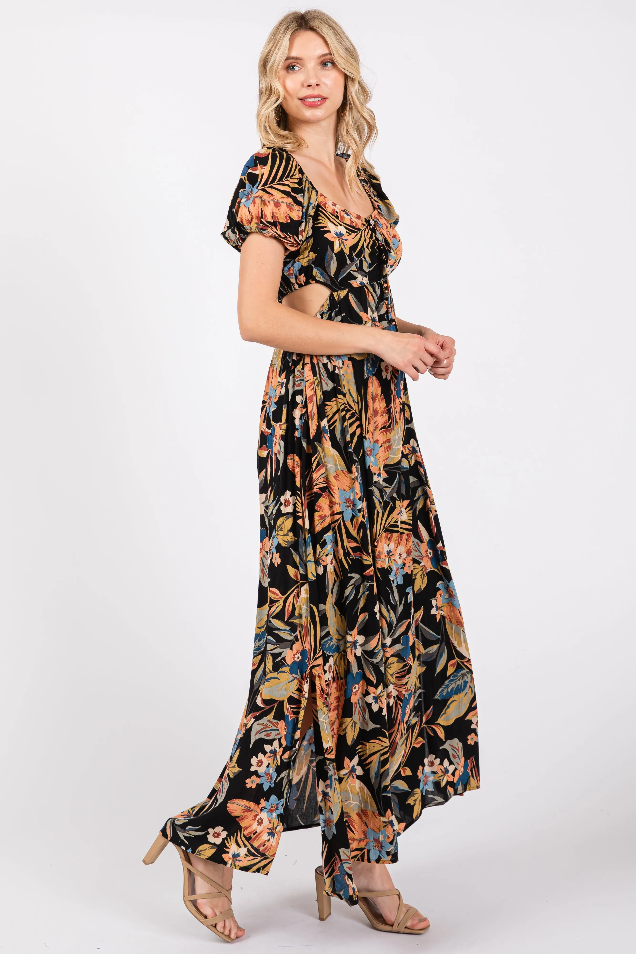 Black Floral Drawstring Front Side Cutout Maxi Dress sold by Pinkblush product image thumbnail 2