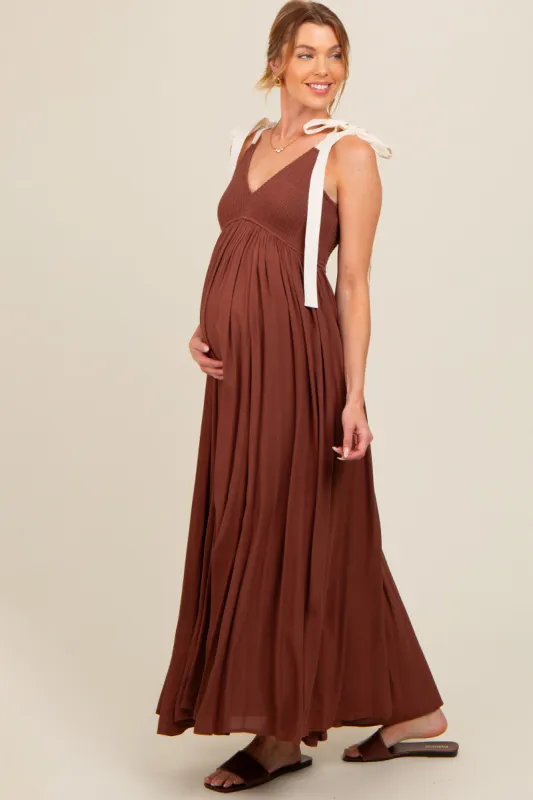 Brown Contrast Shoulder Tie Smocked Maternity Maxi Dress sold by Pinkblush