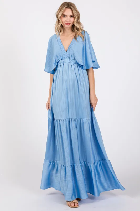 Light Blue V-Neck Flutter Sleeve Tiered Maxi Dress sold by Pinkblush