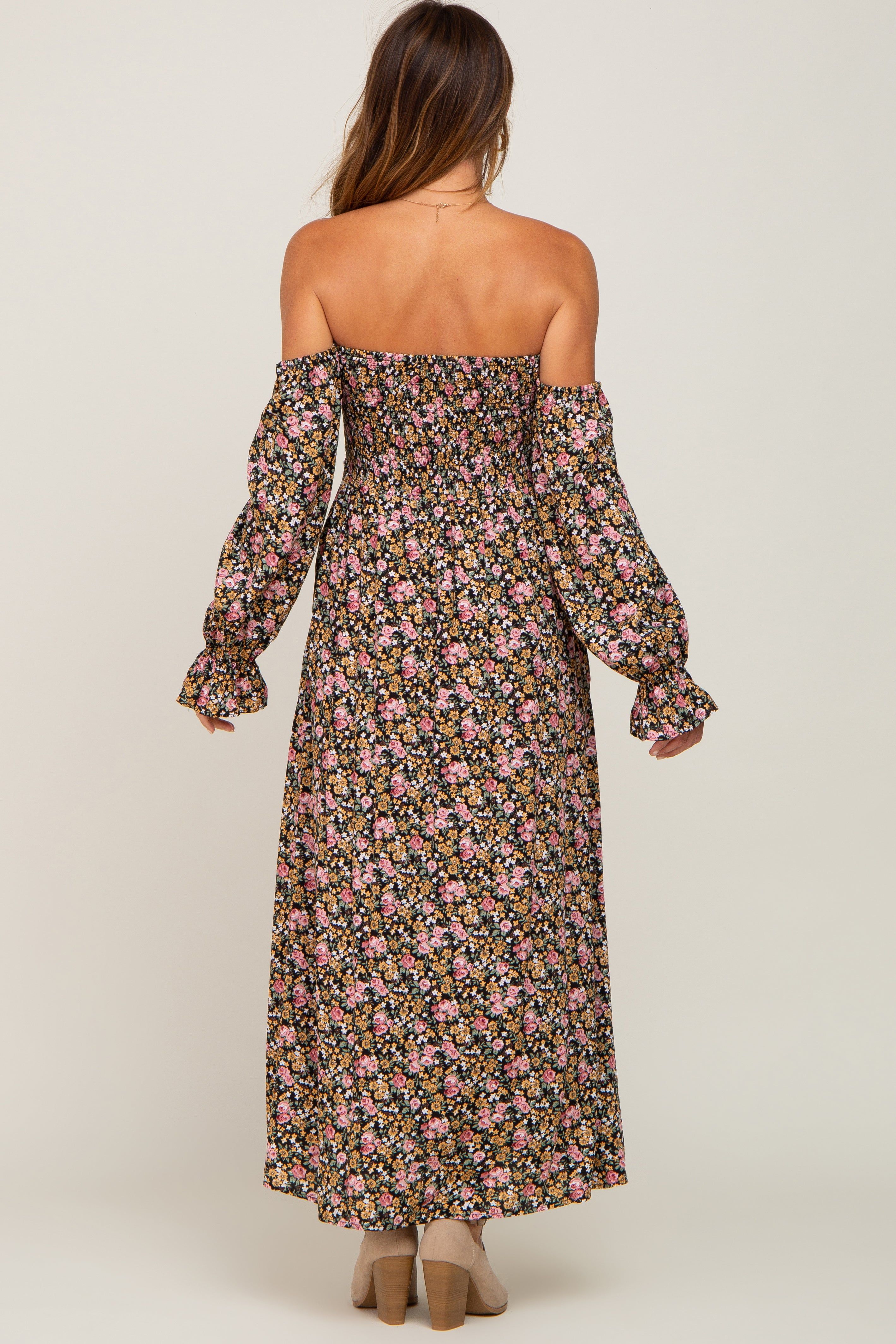 Black Floral Off Shoulder Long Sleeve Maxi Dress sold by Pinkblush product image thumbnail 3