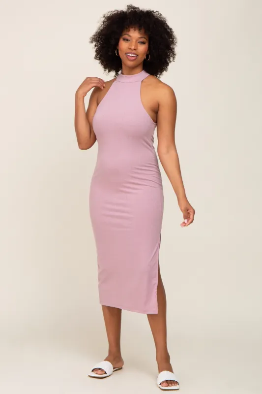 Mauve Ribbed Mock Neck Sleeveless Side Slit Midi Dress sold by Pinkblush
