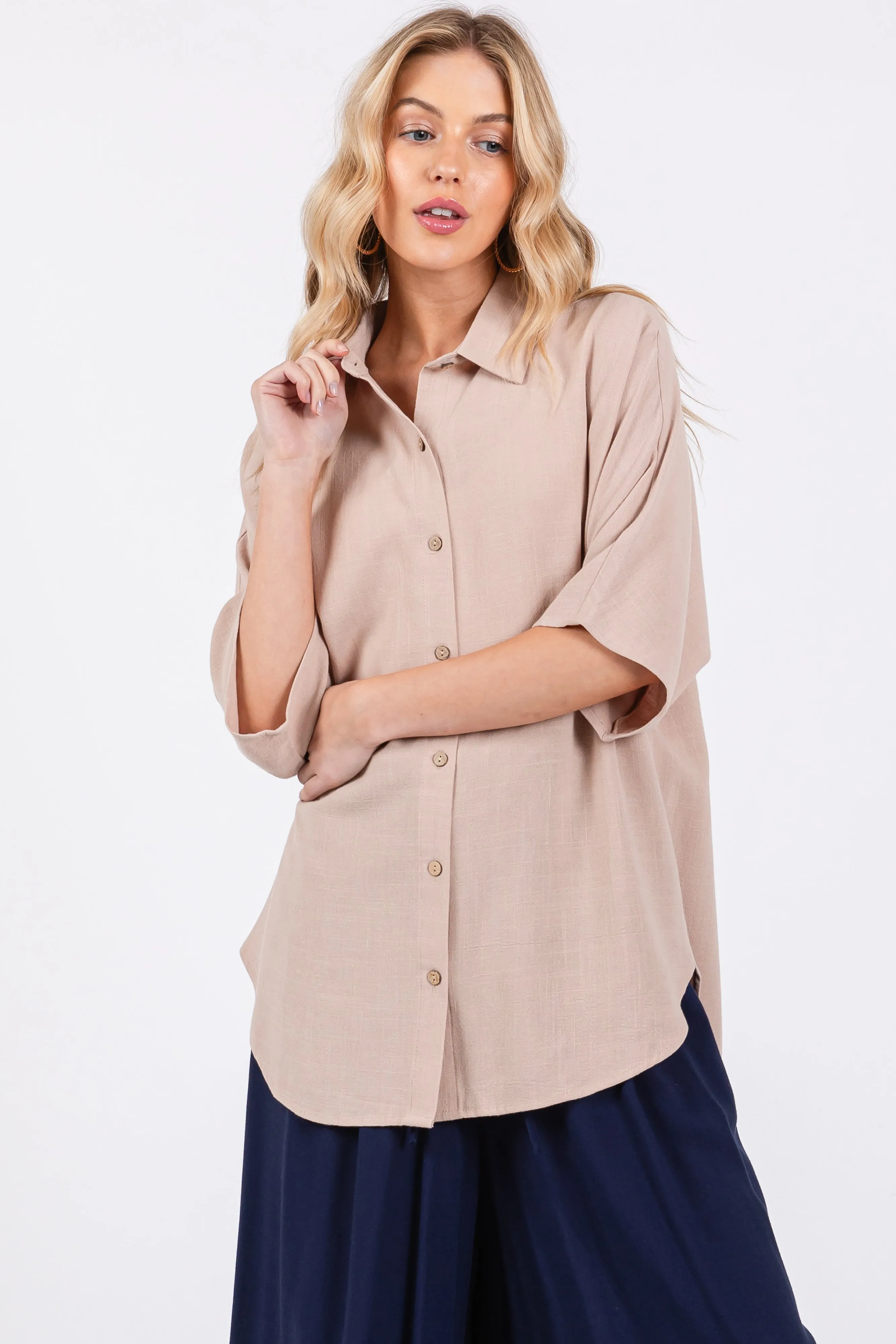 Beige Linen Dolman Half Sleeve Button Down Maternity Top sold by Pinkblush product image thumbnail 5