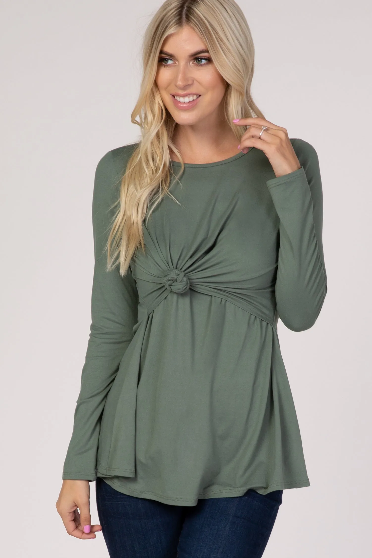 PinkBlush Olive Front Knot Long Sleeve Nursing Top sold by Pinkblush