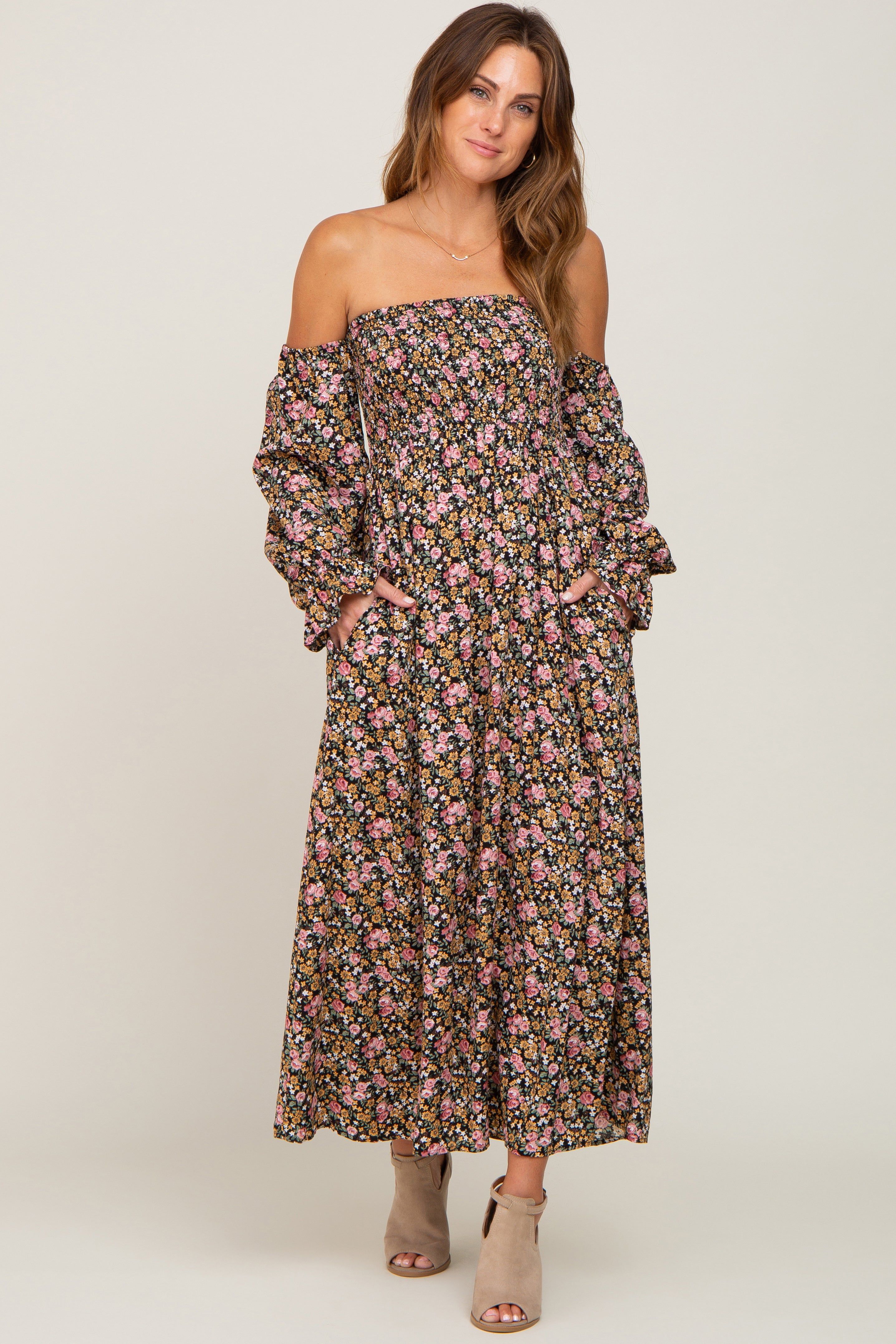 Black Floral Off Shoulder Long Sleeve Maxi Dress sold by Pinkblush