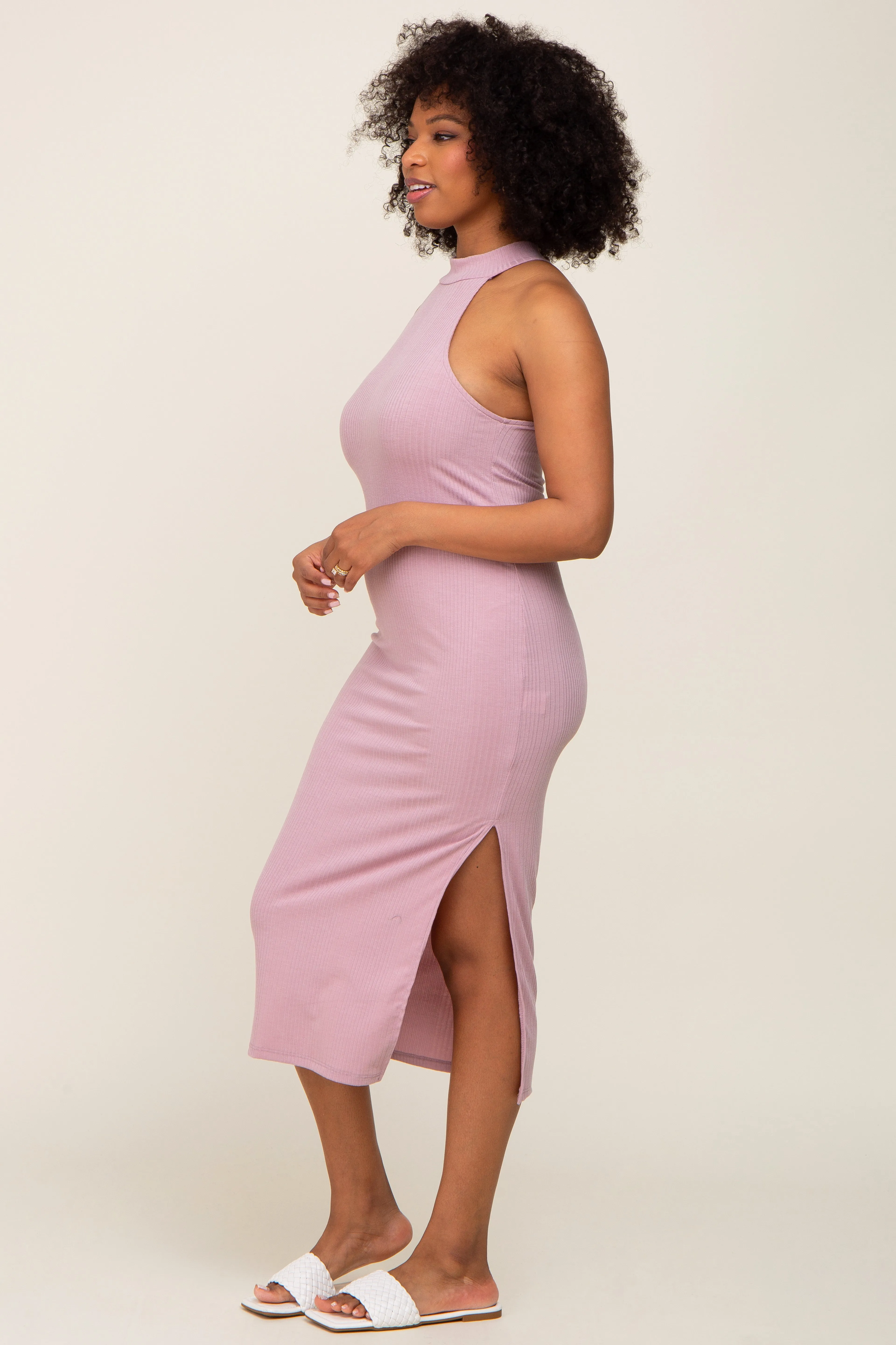 Mauve Ribbed Mock Neck Sleeveless Side Slit Midi Dress sold by Pinkblush product image thumbnail 2