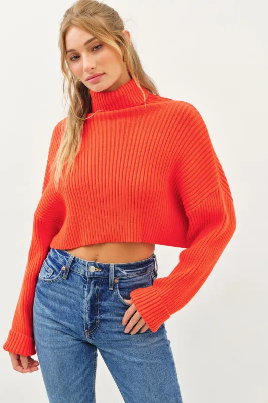 Orange Relaxed Fit Turtle Neck Crop Sweater sold by Pinkblush