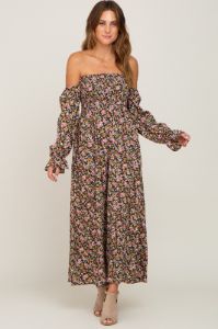Black Floral Off Shoulder Long Sleeve Maxi Dress sold by Pinkblush