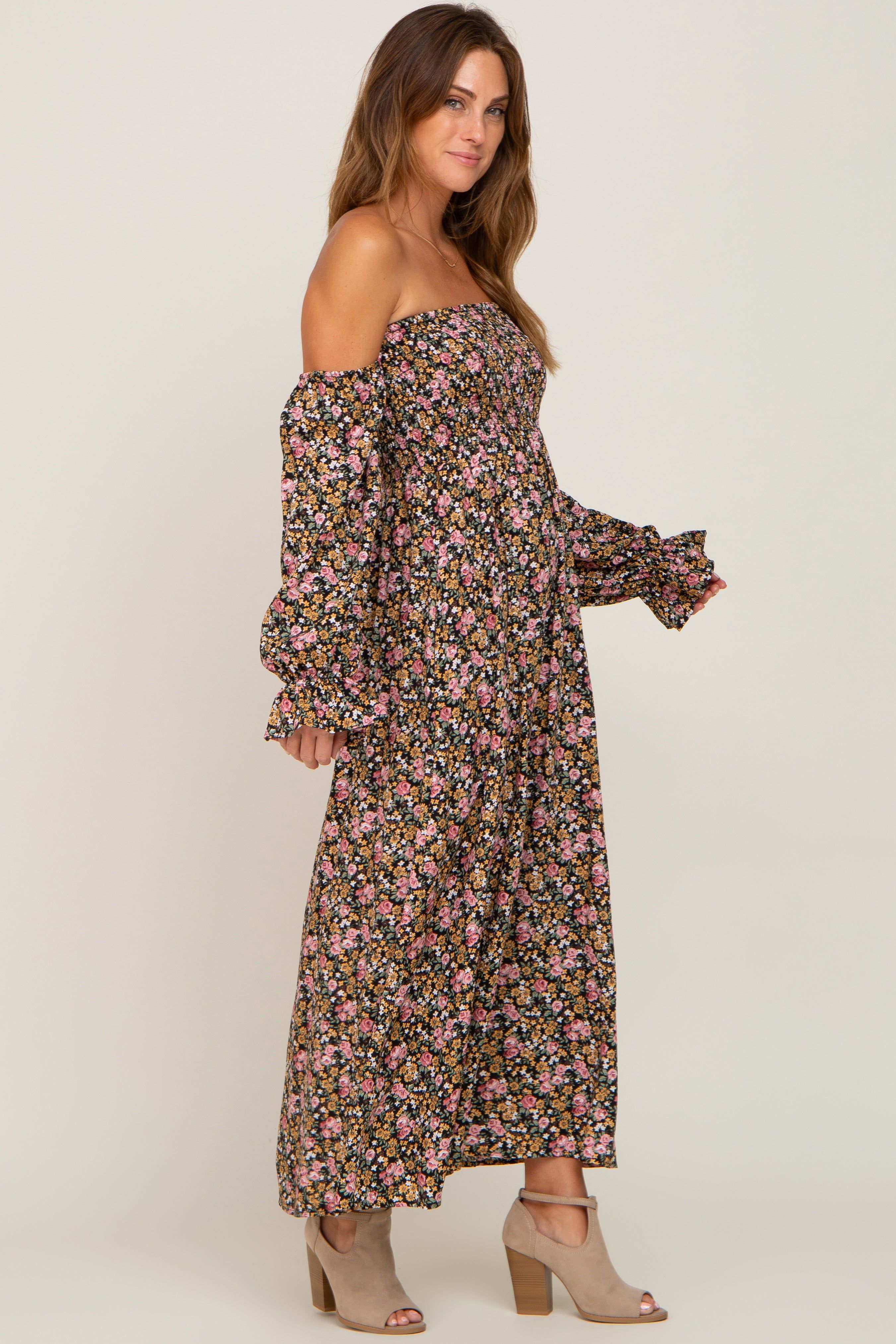Black Floral Off Shoulder Long Sleeve Maxi Dress sold by Pinkblush product image thumbnail 2