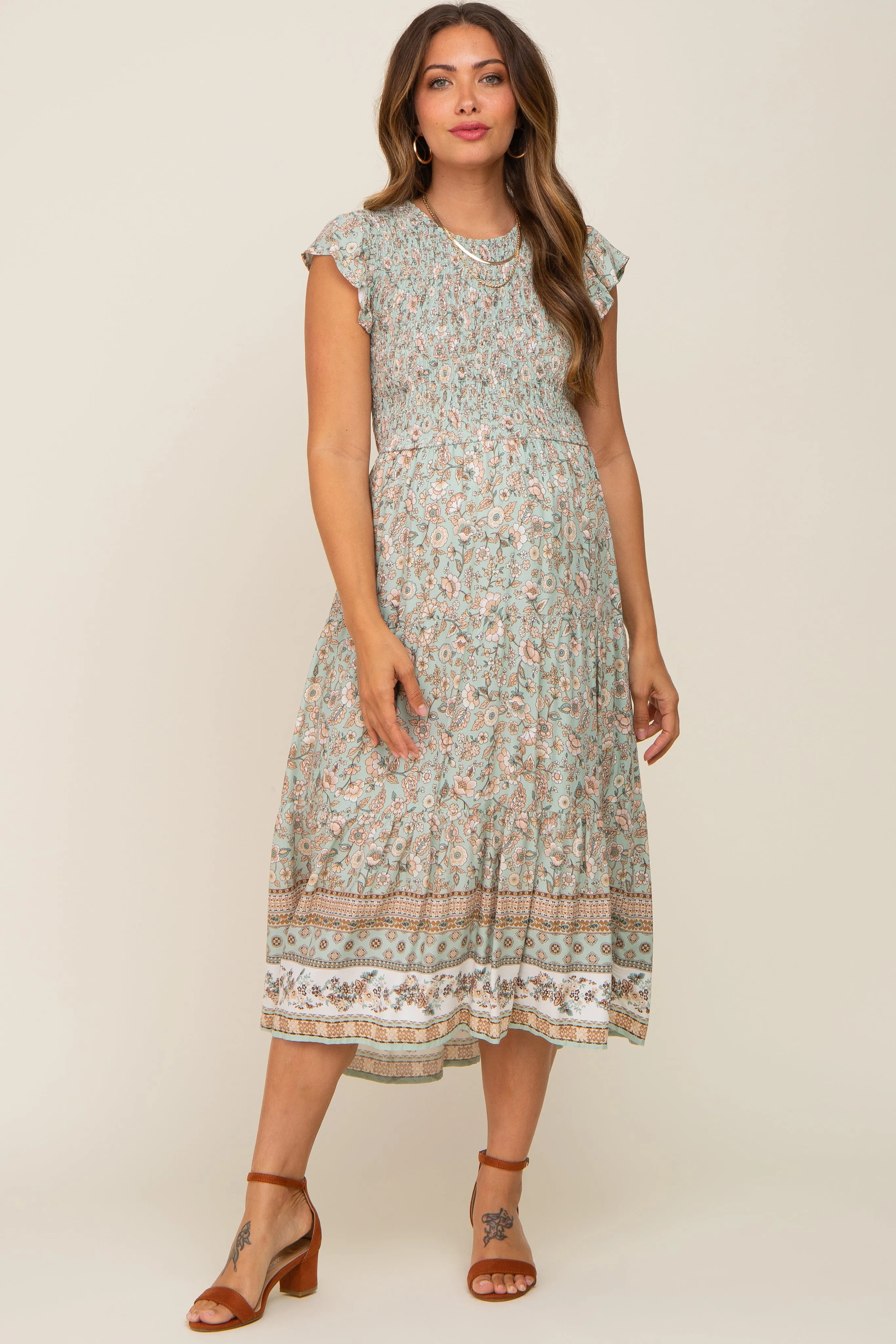 Light Olive Smocked Maternity Midi Dress sold by Pinkblush