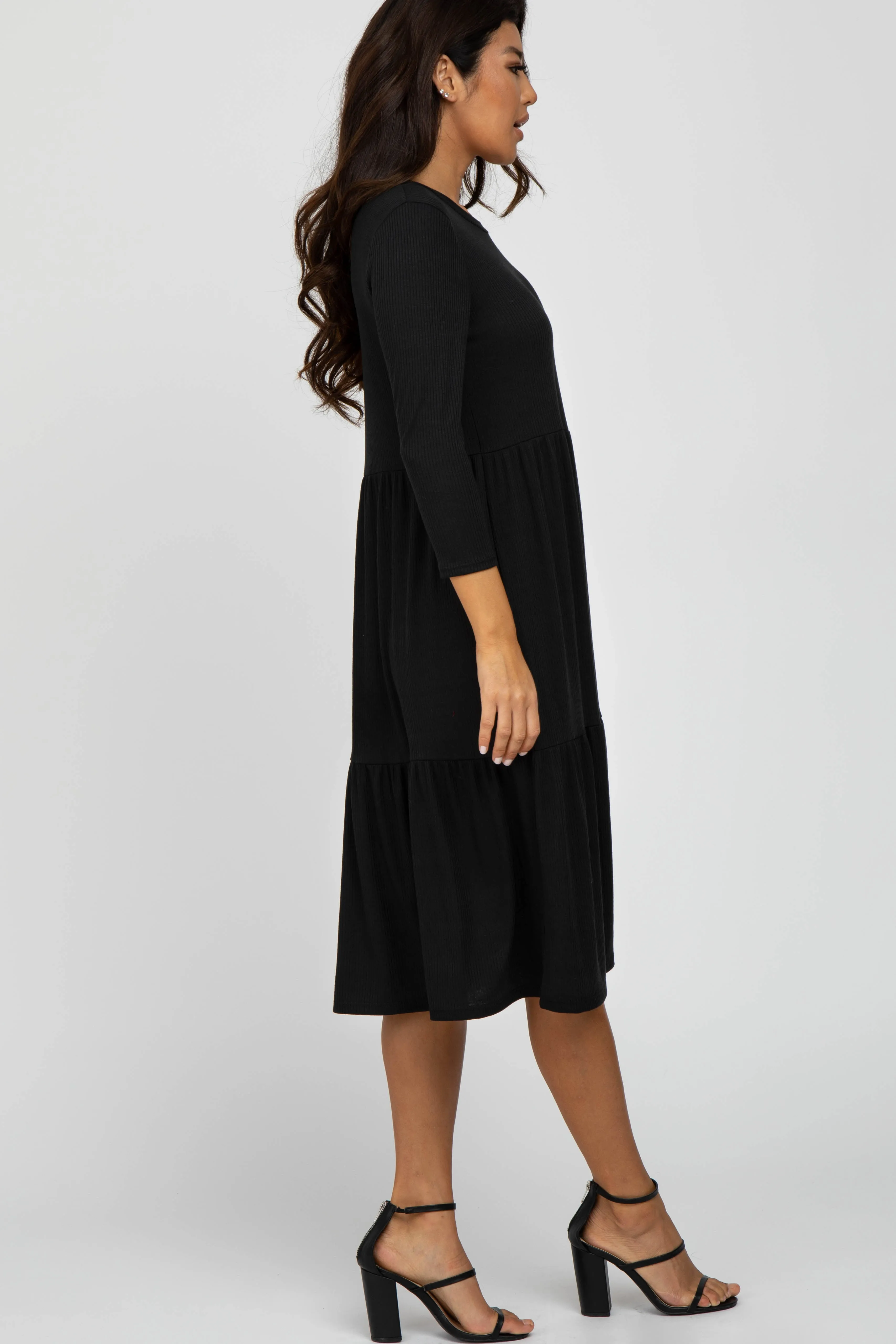 Black Tiered Ribbed 3/4 Sleeve Midi Dress sold by Pinkblush product image thumbnail 2