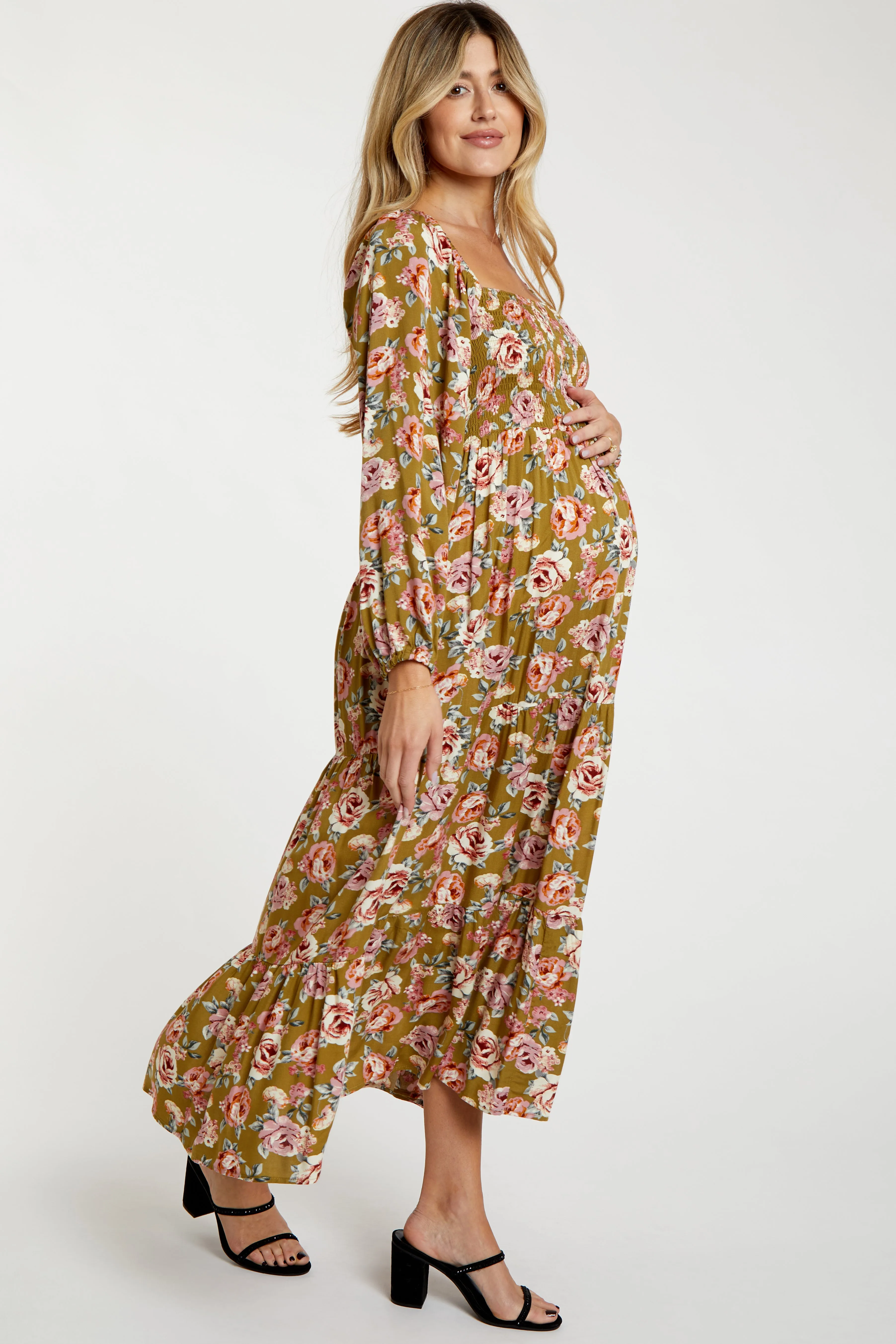 Olive Floral Long Sleeve Maternity Maxi Dress sold by Pinkblush product image thumbnail 2