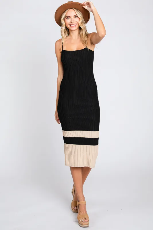 Black Colorblock Knit Fitted Midi Dress sold by Pinkblush