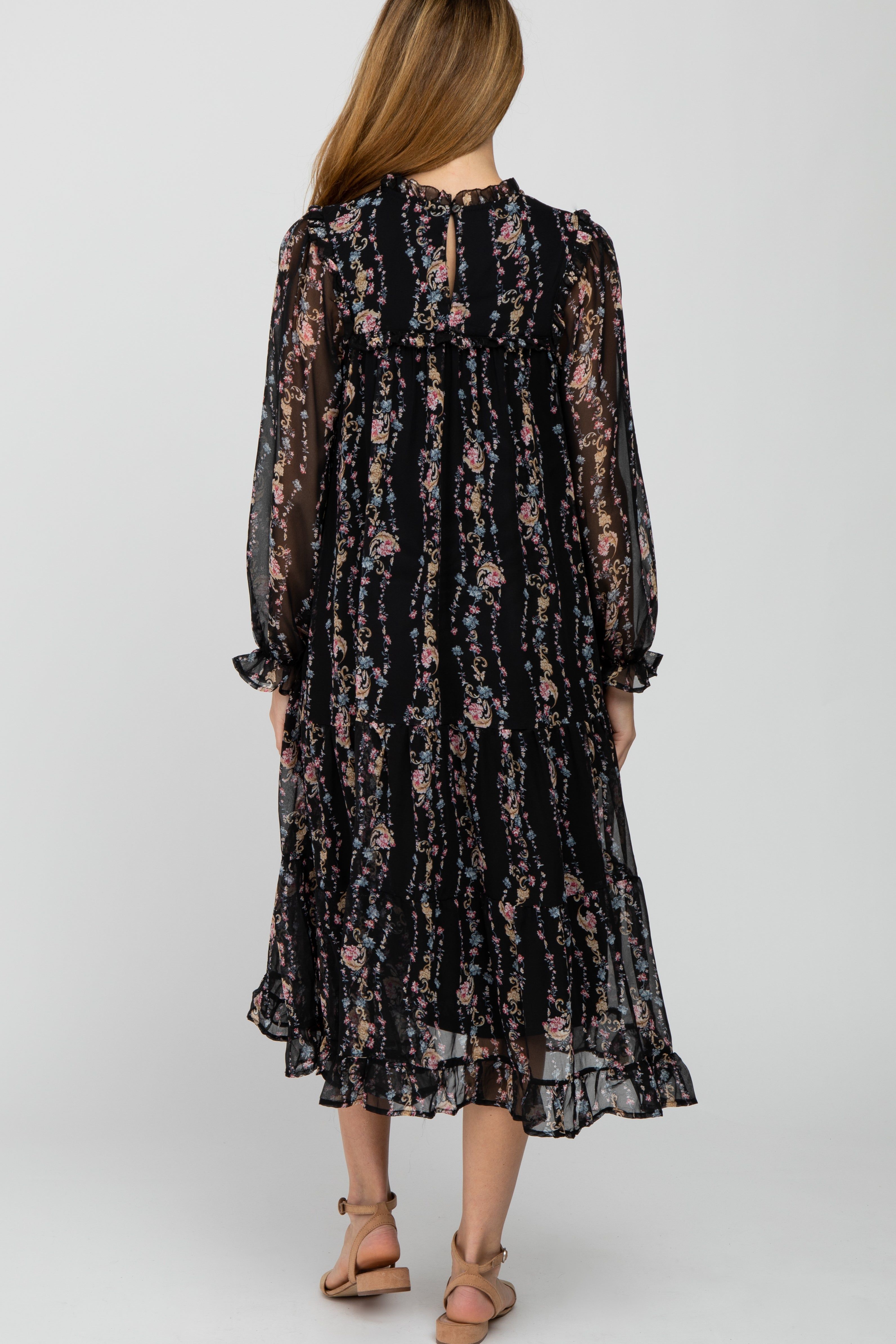 Black Floral Tiered Maternity Midi Dress sold by Pinkblush product image thumbnail 3