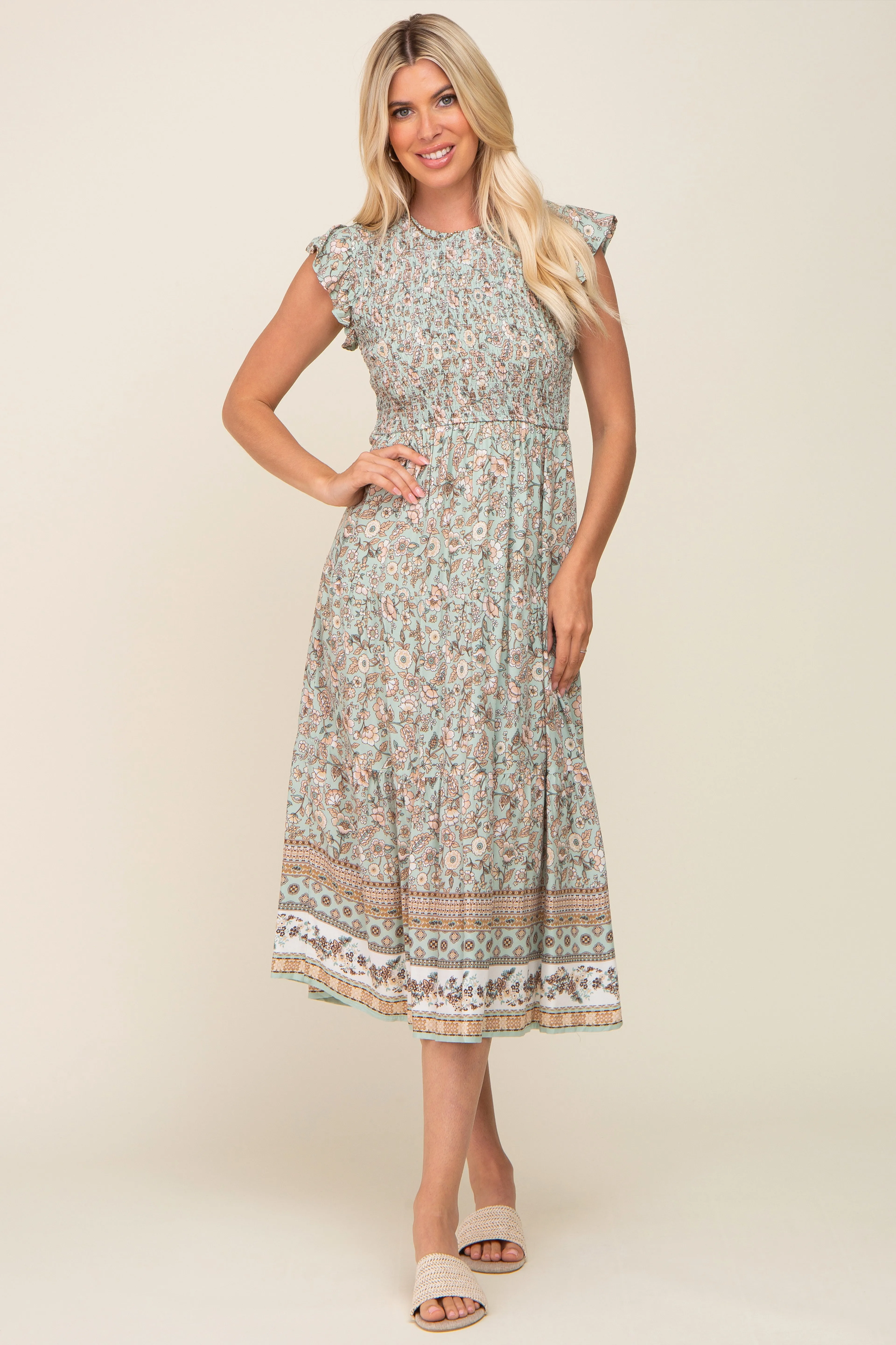 Light Olive Smocked Maternity Midi Dress sold by Pinkblush product image thumbnail 5