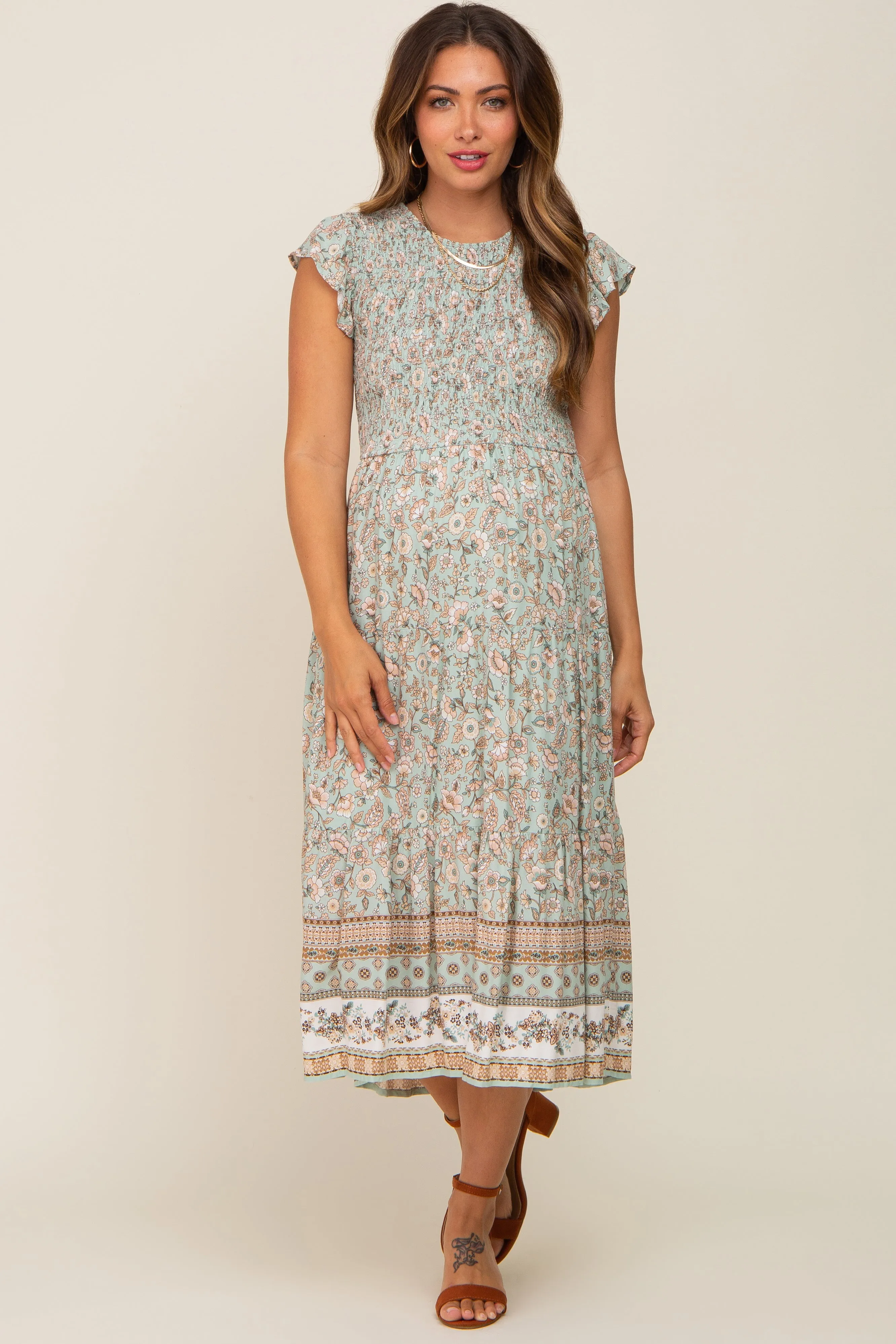 Light Olive Smocked Maternity Midi Dress sold by Pinkblush product image thumbnail 2