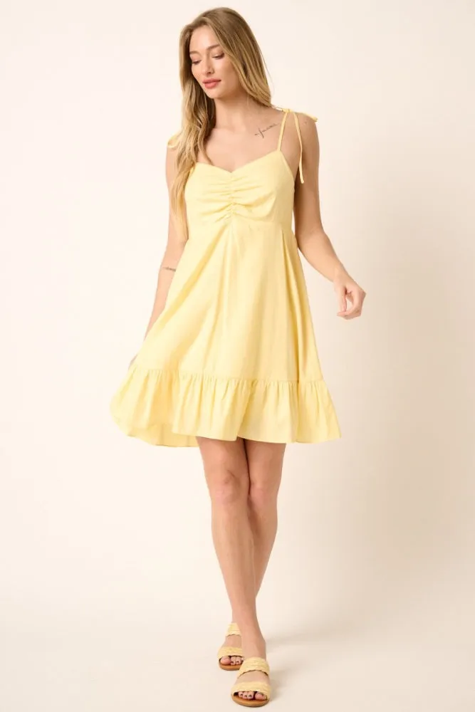 Yellow Ruched Detail Spaghetti Tie Mini Dress sold by Pinkblush product image thumbnail 4