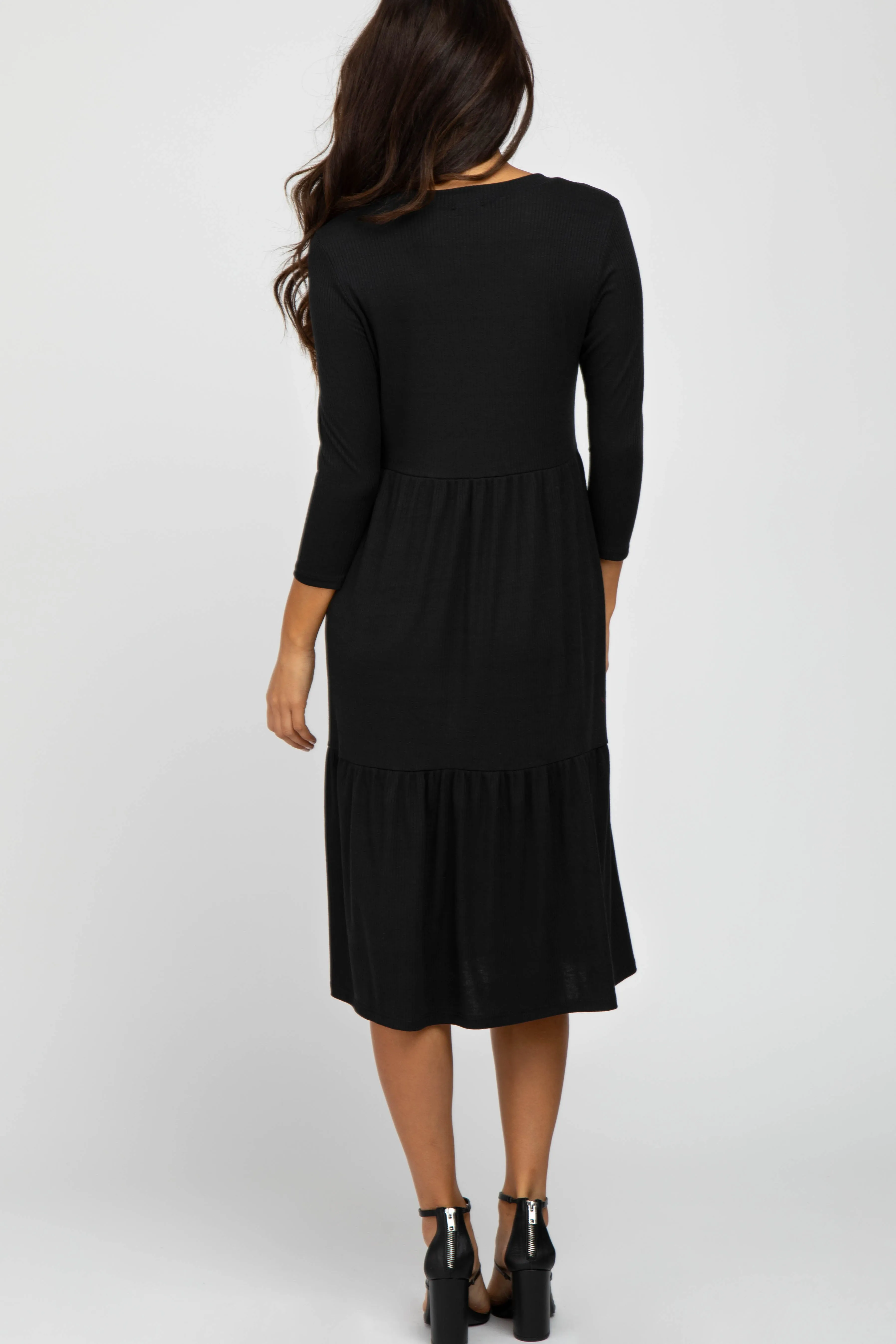 Black Tiered Ribbed 3/4 Sleeve Midi Dress sold by Pinkblush product image thumbnail 3
