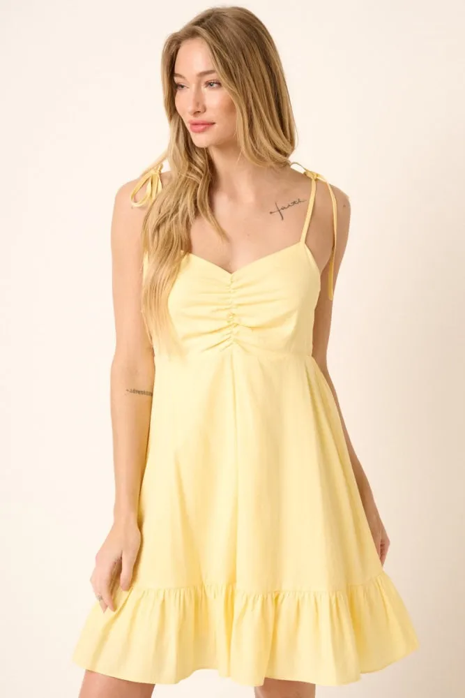 Yellow Ruched Detail Spaghetti Tie Mini Dress sold by Pinkblush