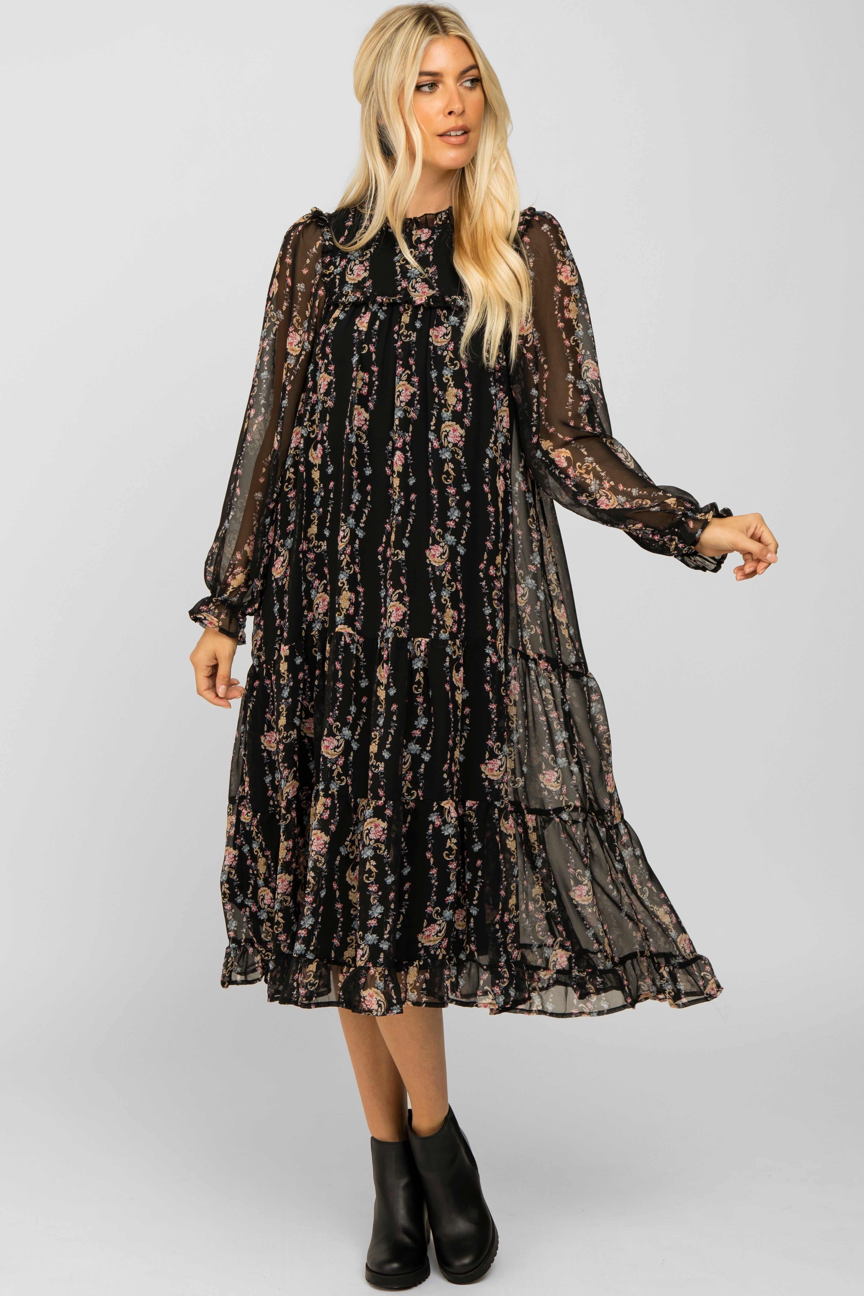 Black Floral Tiered Maternity Midi Dress sold by Pinkblush product image thumbnail 4