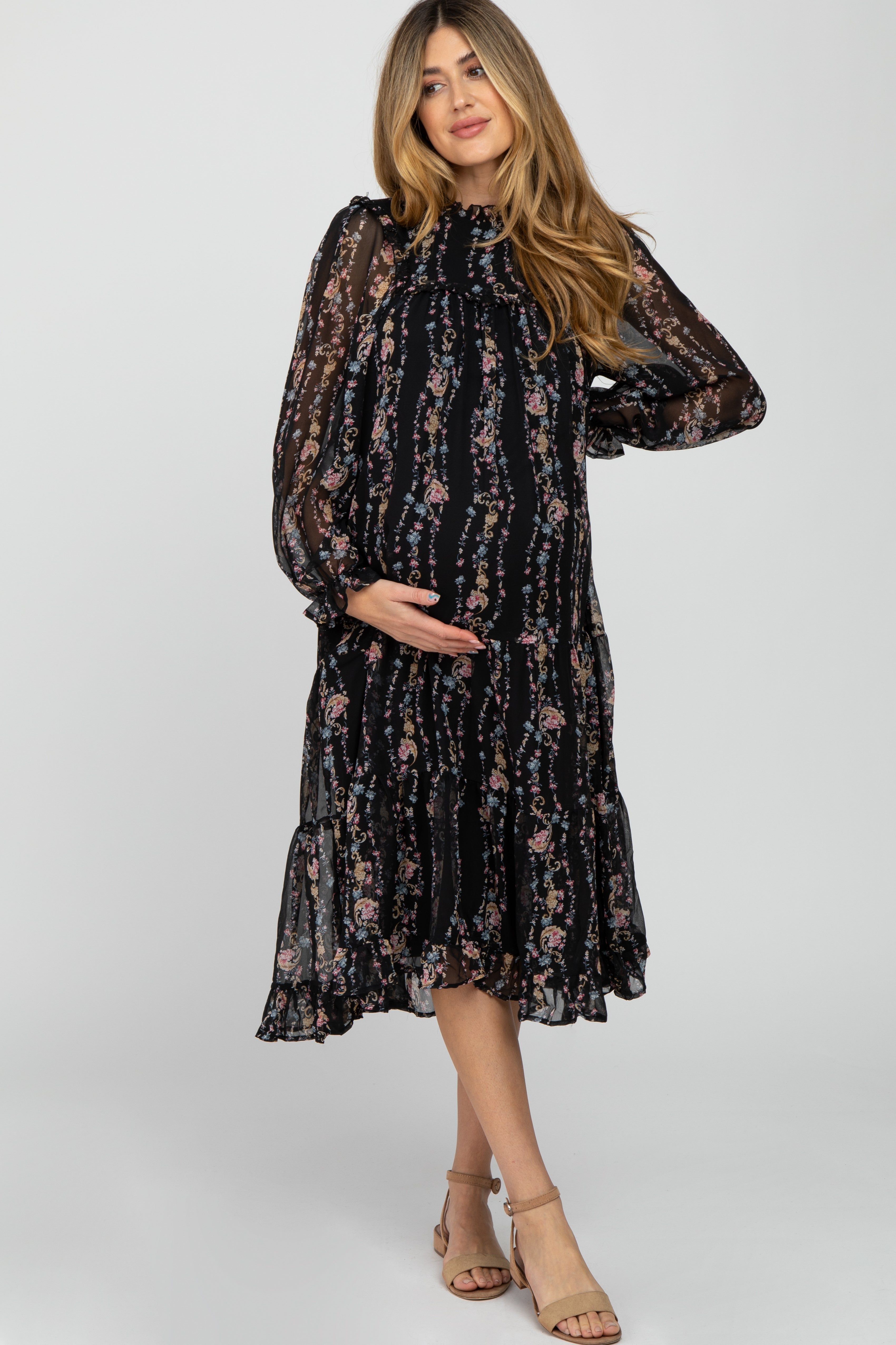 Black Floral Tiered Maternity Midi Dress sold by Pinkblush