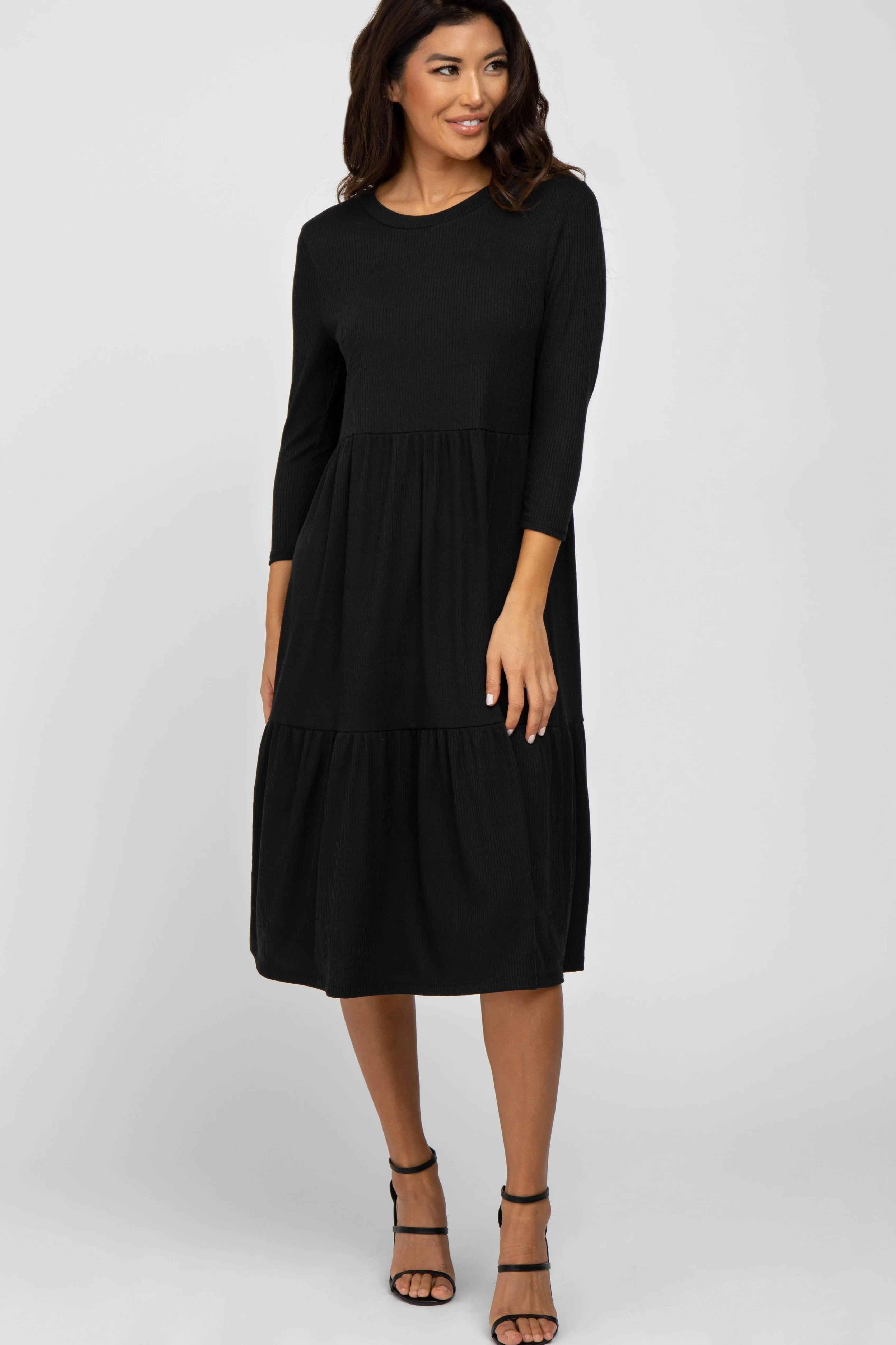 Black Tiered Ribbed 3/4 Sleeve Midi Dress sold by Pinkblush product image thumbnail 4