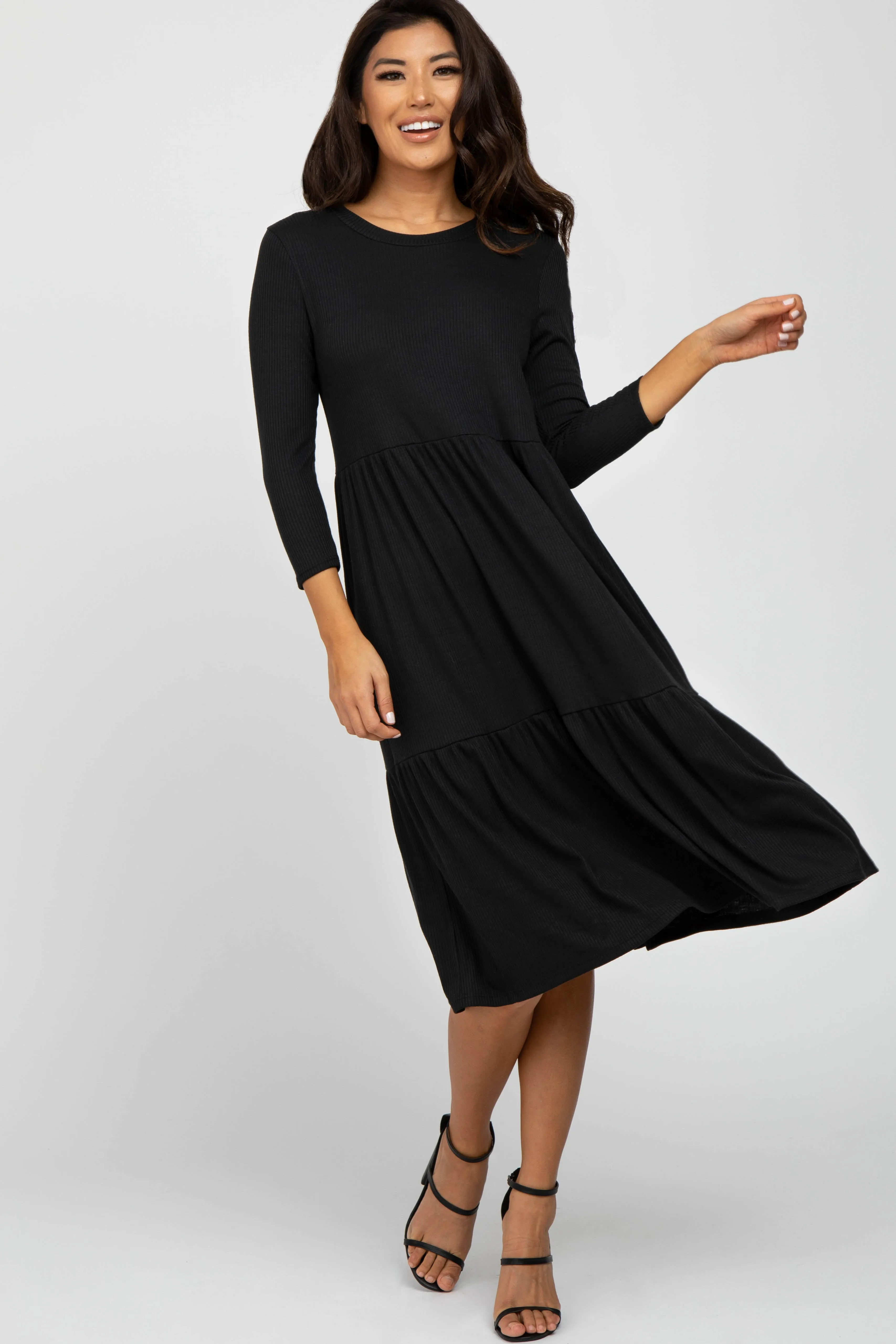 Black Tiered Ribbed 3/4 Sleeve Midi Dress sold by Pinkblush