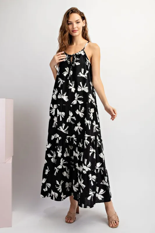 Black Bow Print Halter Front Tie Tiered Maxi Dress sold by Pinkblush