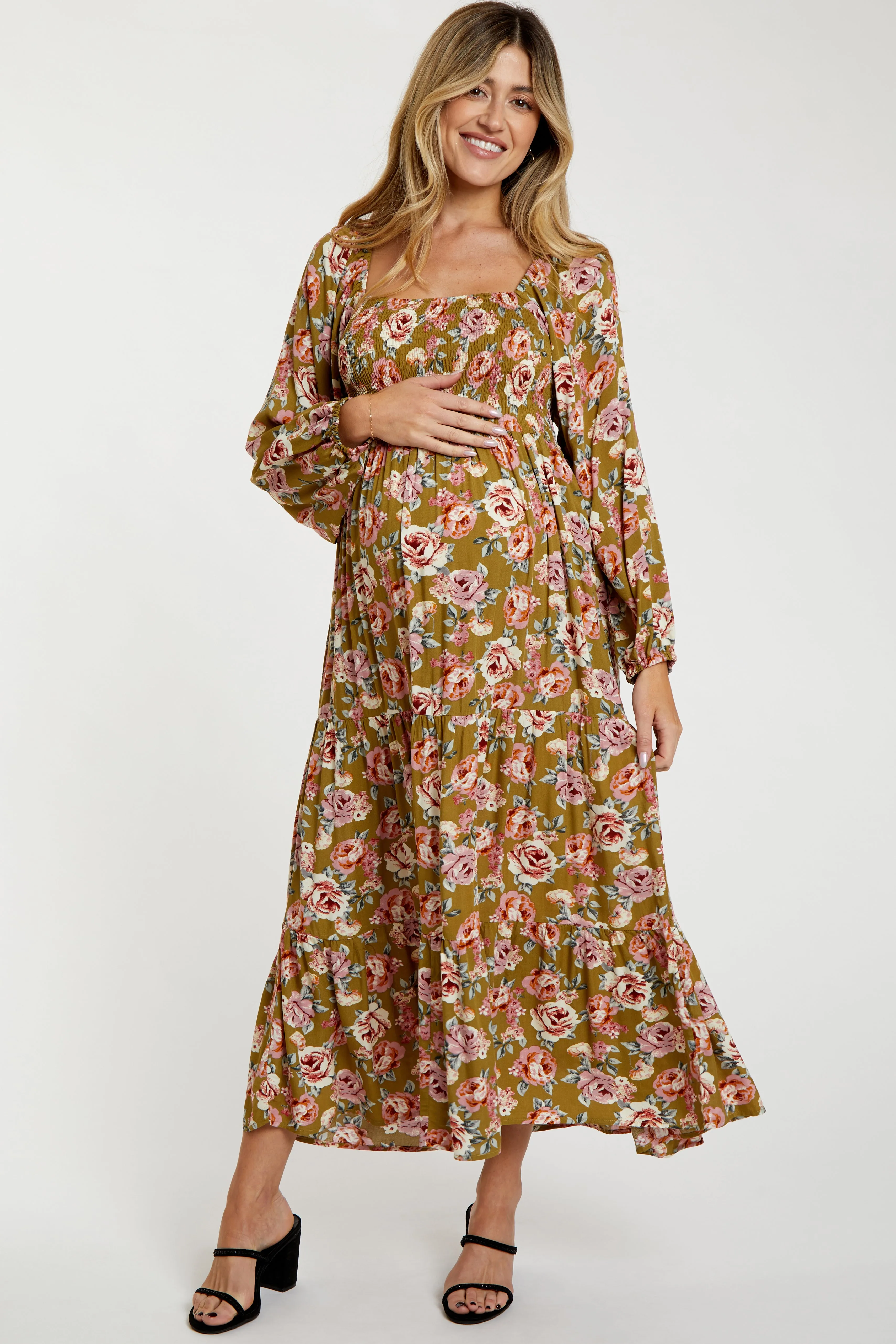 Olive Floral Long Sleeve Maternity Maxi Dress sold by Pinkblush