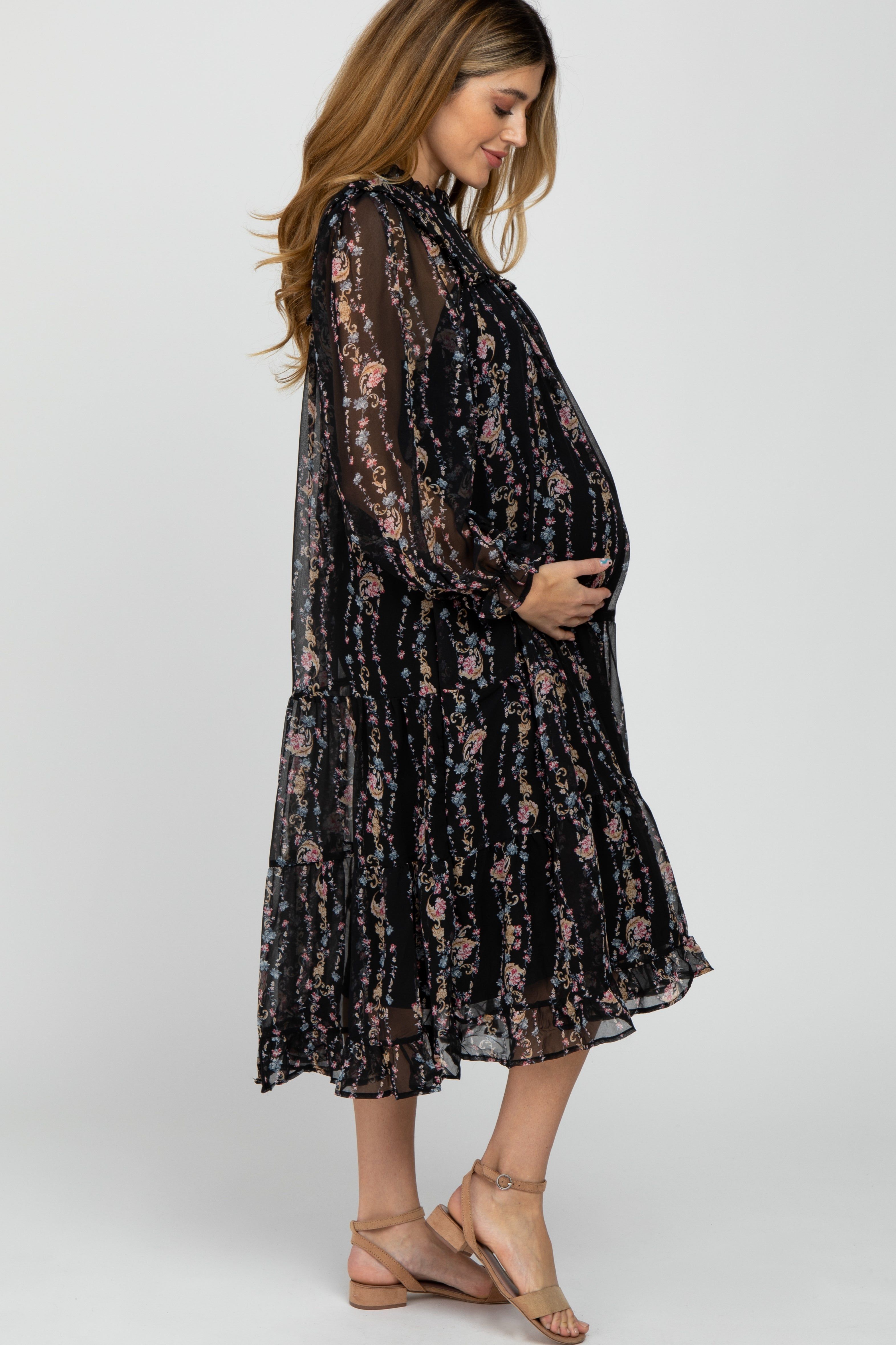 Black Floral Tiered Maternity Midi Dress sold by Pinkblush product image thumbnail 2