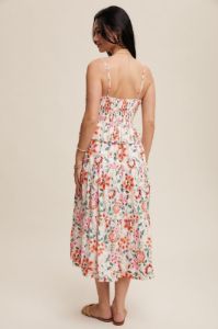 Cream Flower Print Ruched Design Tiered Maxi Dress sold by Pinkblush