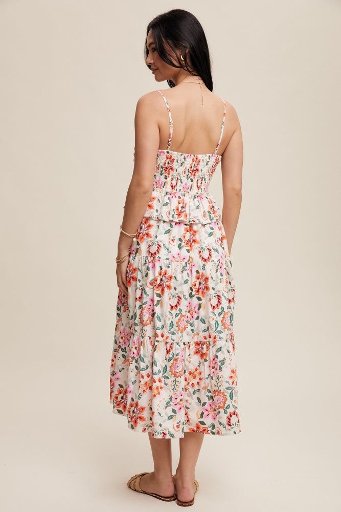 Cream Flower Print Ruched Design Tiered Maxi Dress sold by Pinkblush product image thumbnail 3