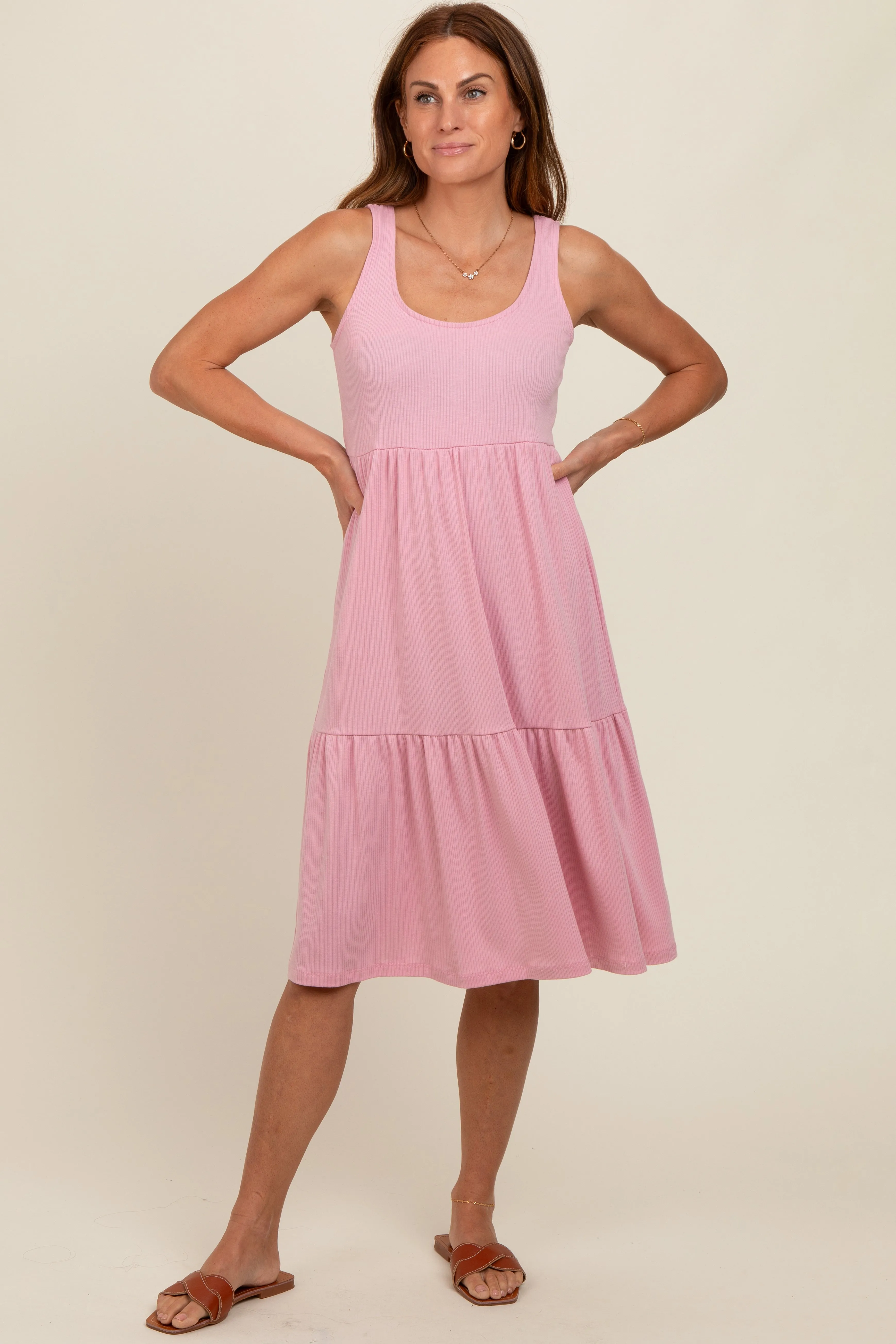 Pink Tiered Sleeveless Midi Dress sold by Pinkblush