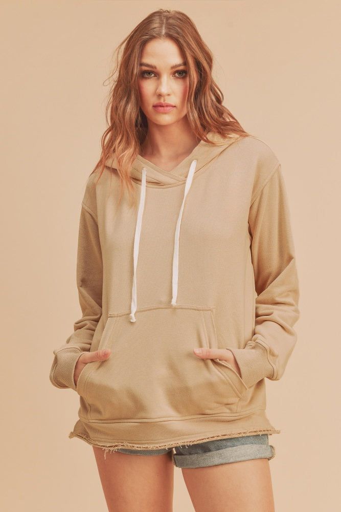 Taupe Raw Edge Trim Drawstring Hoodie sold by Pinkblush