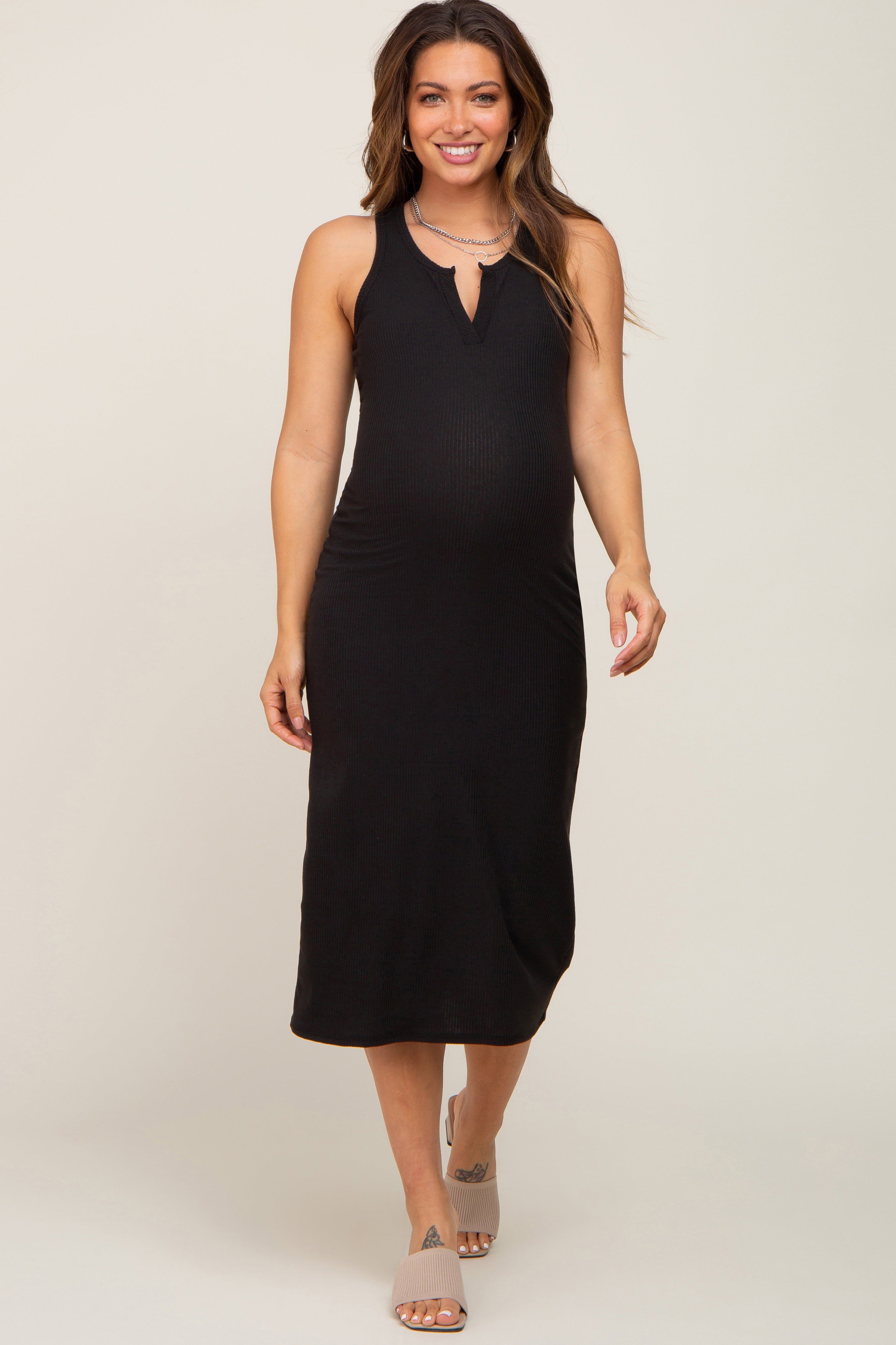 Black Sleeveless Ribbed Maternity Midi Dress sold by Pinkblush product image thumbnail 2