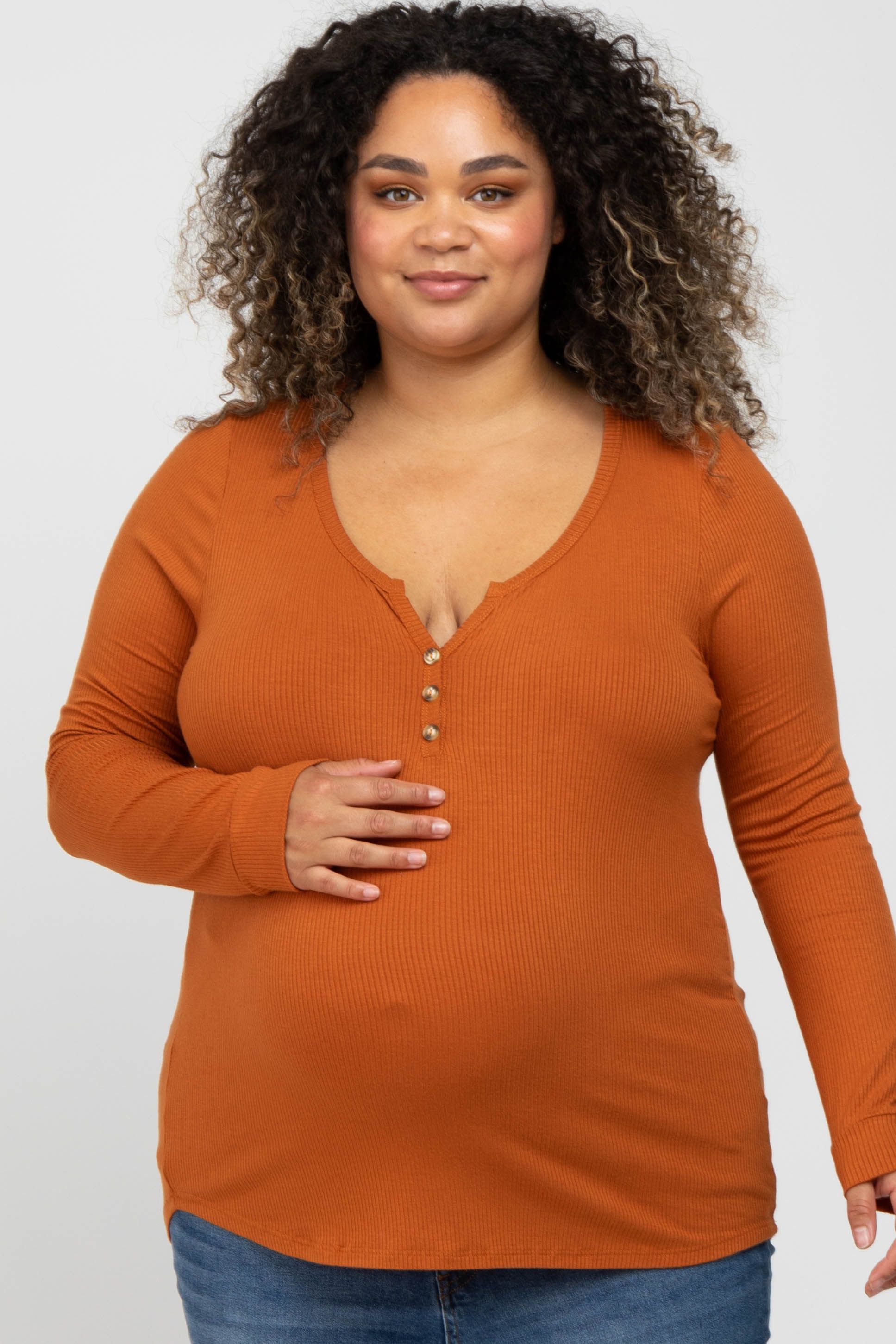 Rust Ribbed Button Front Maternity Plus Top sold by Pinkblush