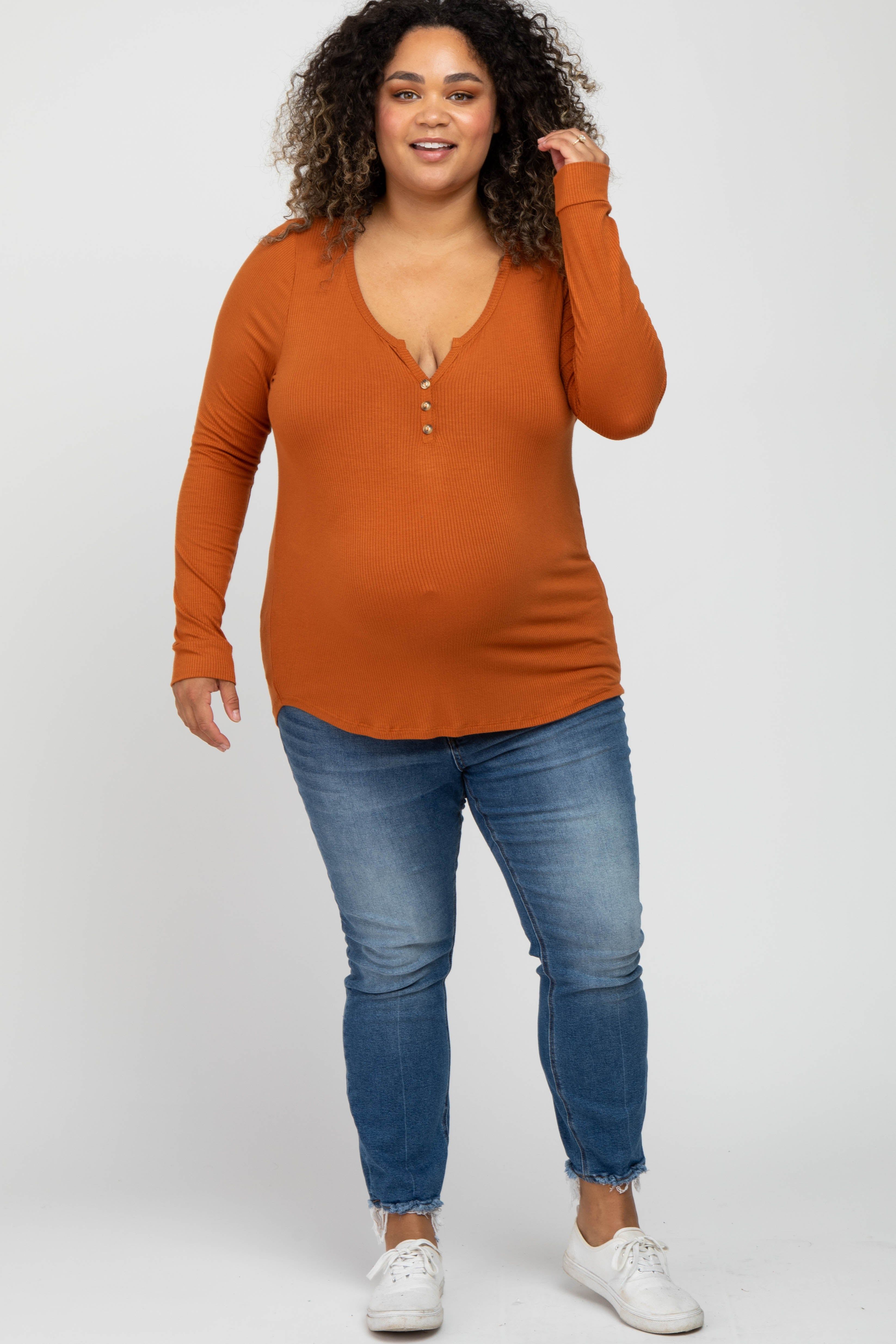 Rust Ribbed Button Front Maternity Plus Top sold by Pinkblush product image thumbnail 2