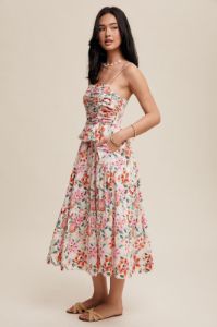 Cream Flower Print Ruched Design Tiered Maxi Dress sold by Pinkblush