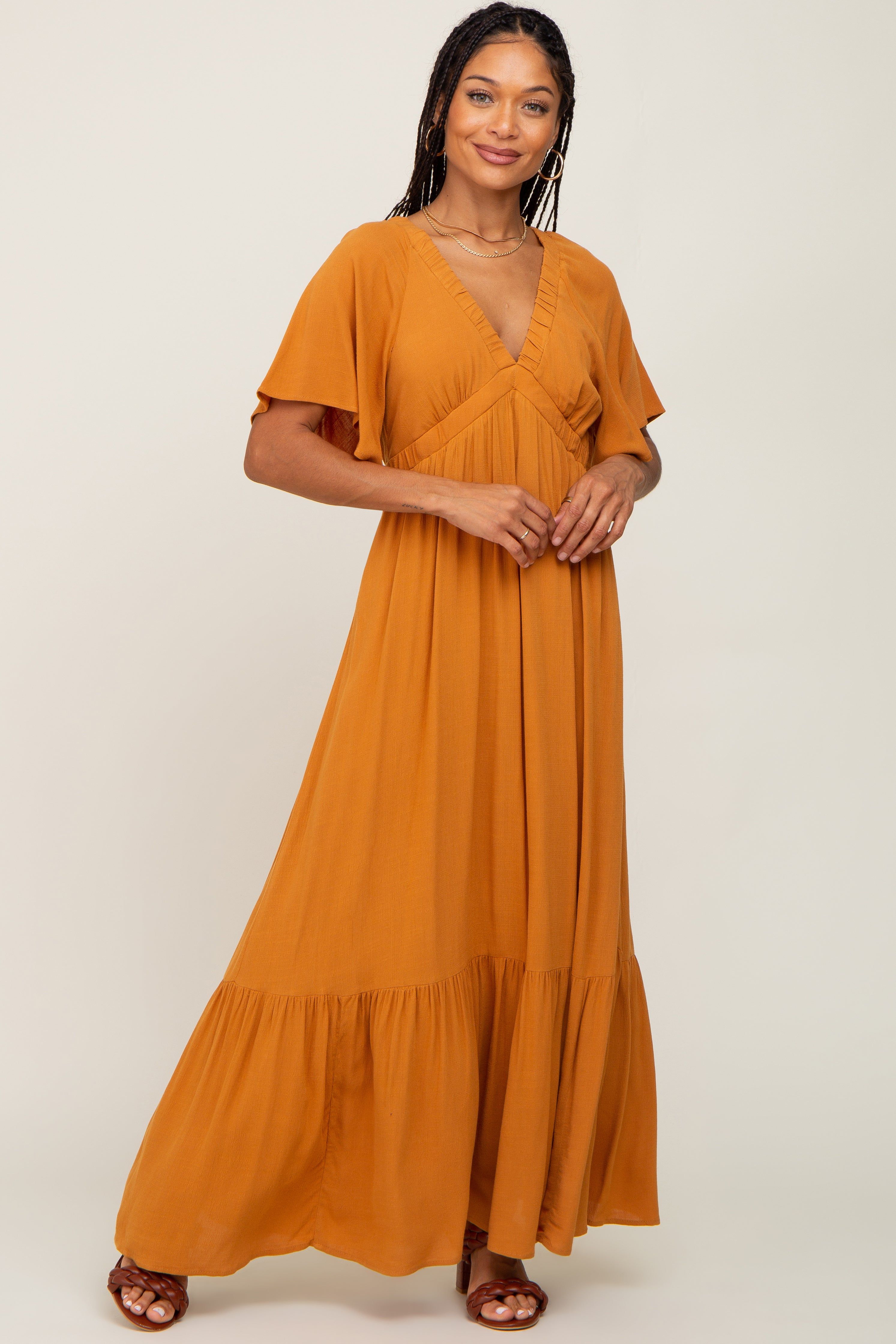 Camel V-Neck Flounce Sleeve Maxi Dress sold by Pinkblush product image thumbnail 4