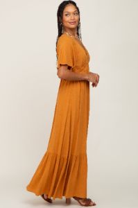Camel V-Neck Flounce Sleeve Maxi Dress sold by Pinkblush