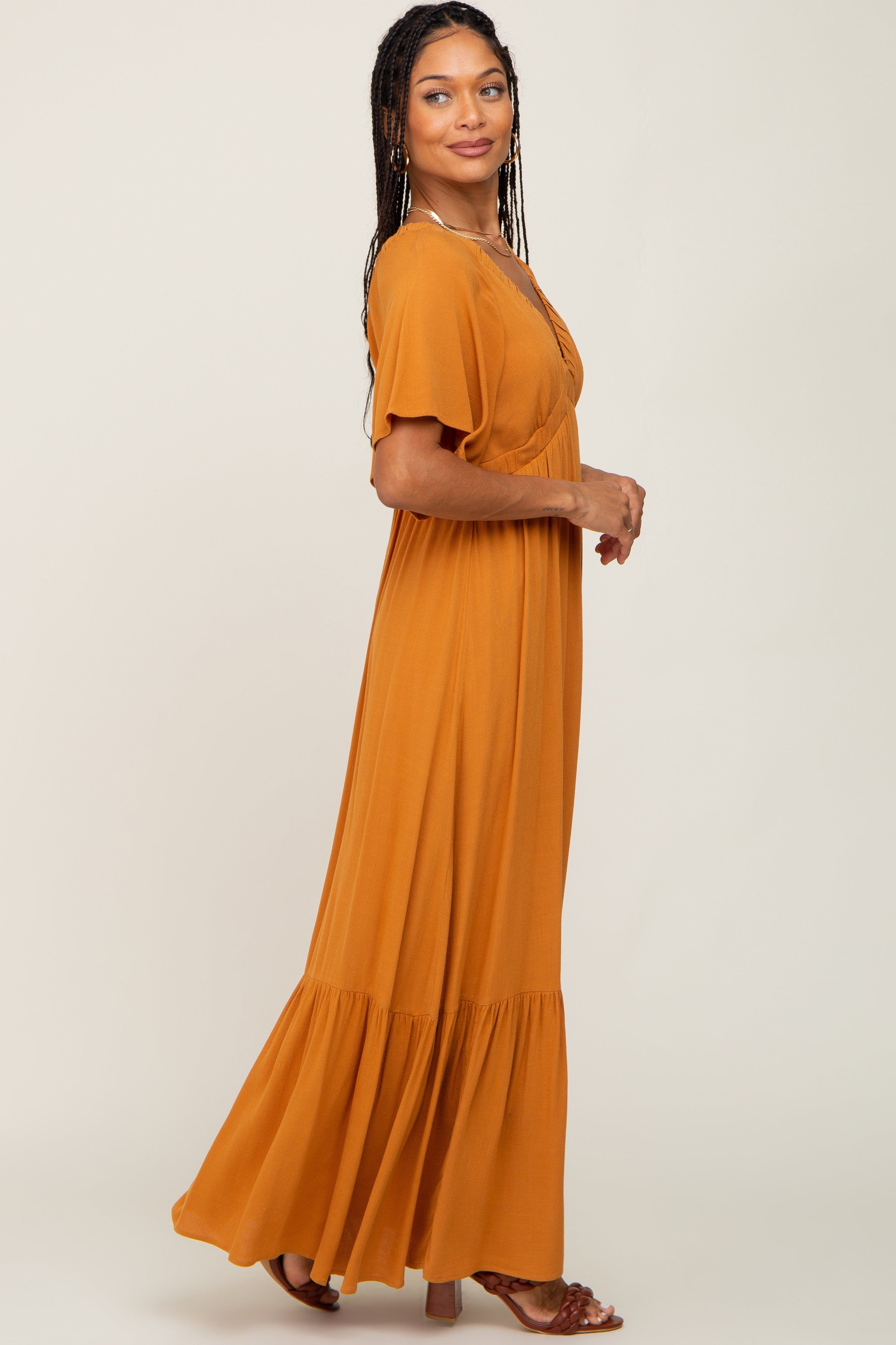 Camel V-Neck Flounce Sleeve Maxi Dress sold by Pinkblush product image thumbnail 2